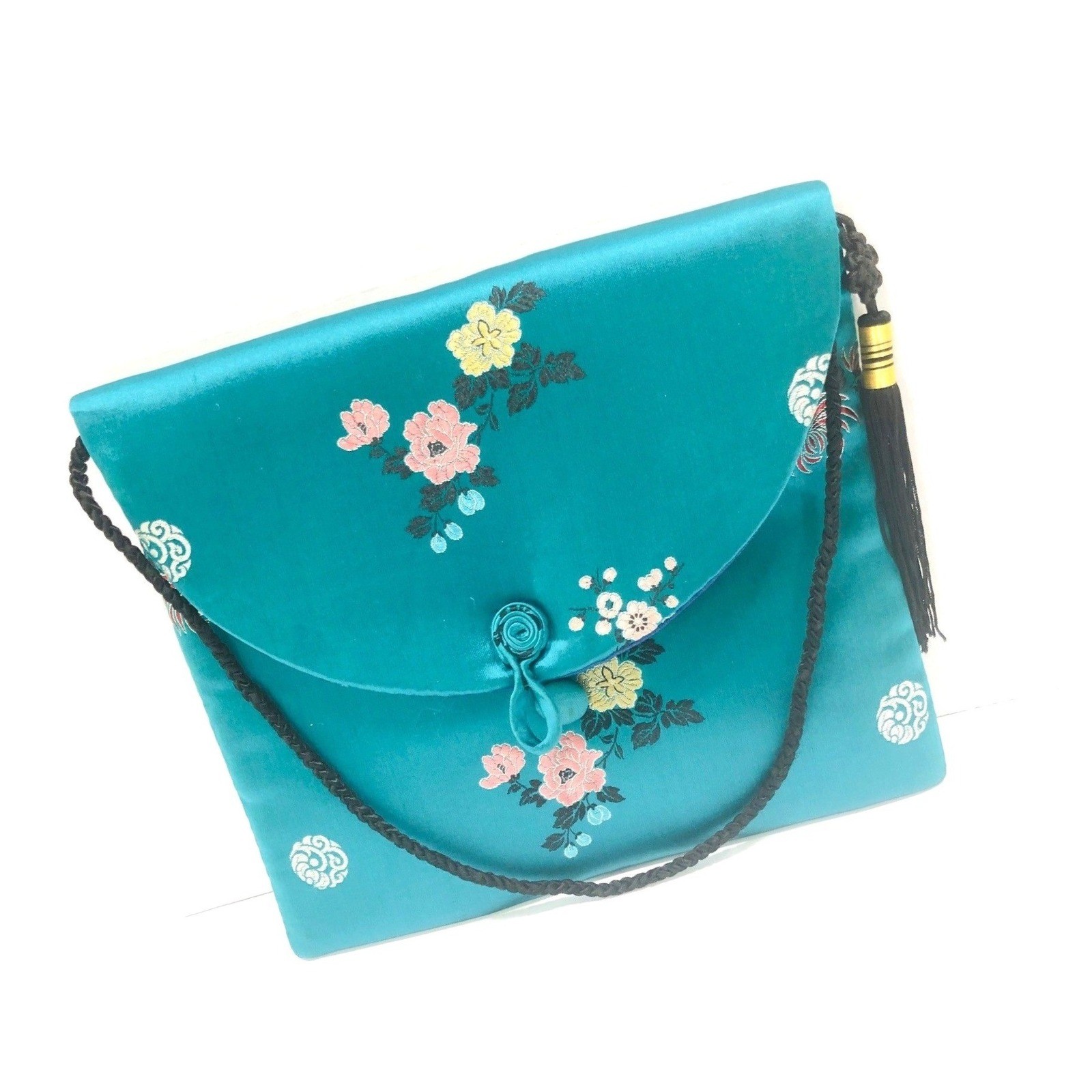Asian Silk Shoulder Bag Teal Lined Loop Fastener Women’s 8.5 x 7 Purse