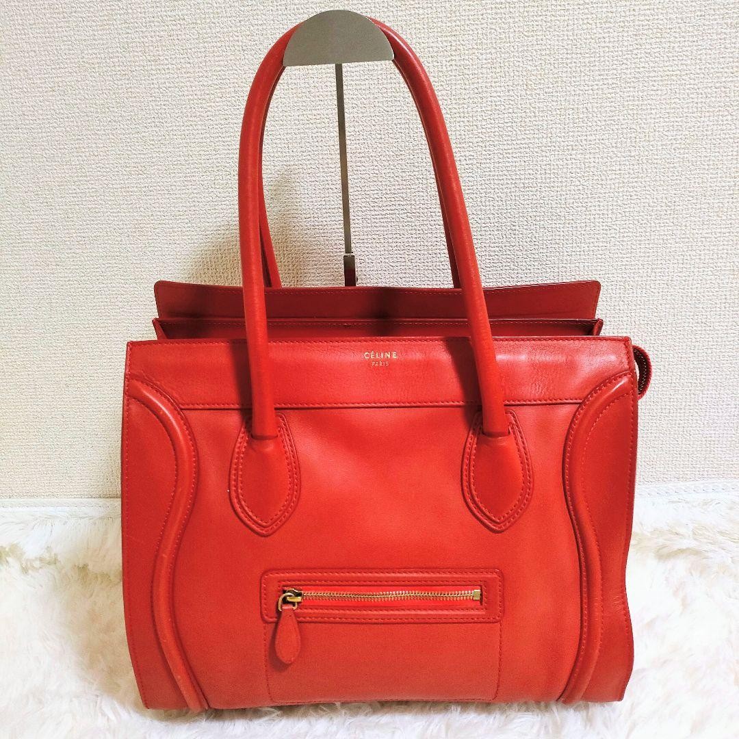 CELINE Luggage Mini Shopper Handbag with Ribbon Motif Red Women’s Leather Auth
