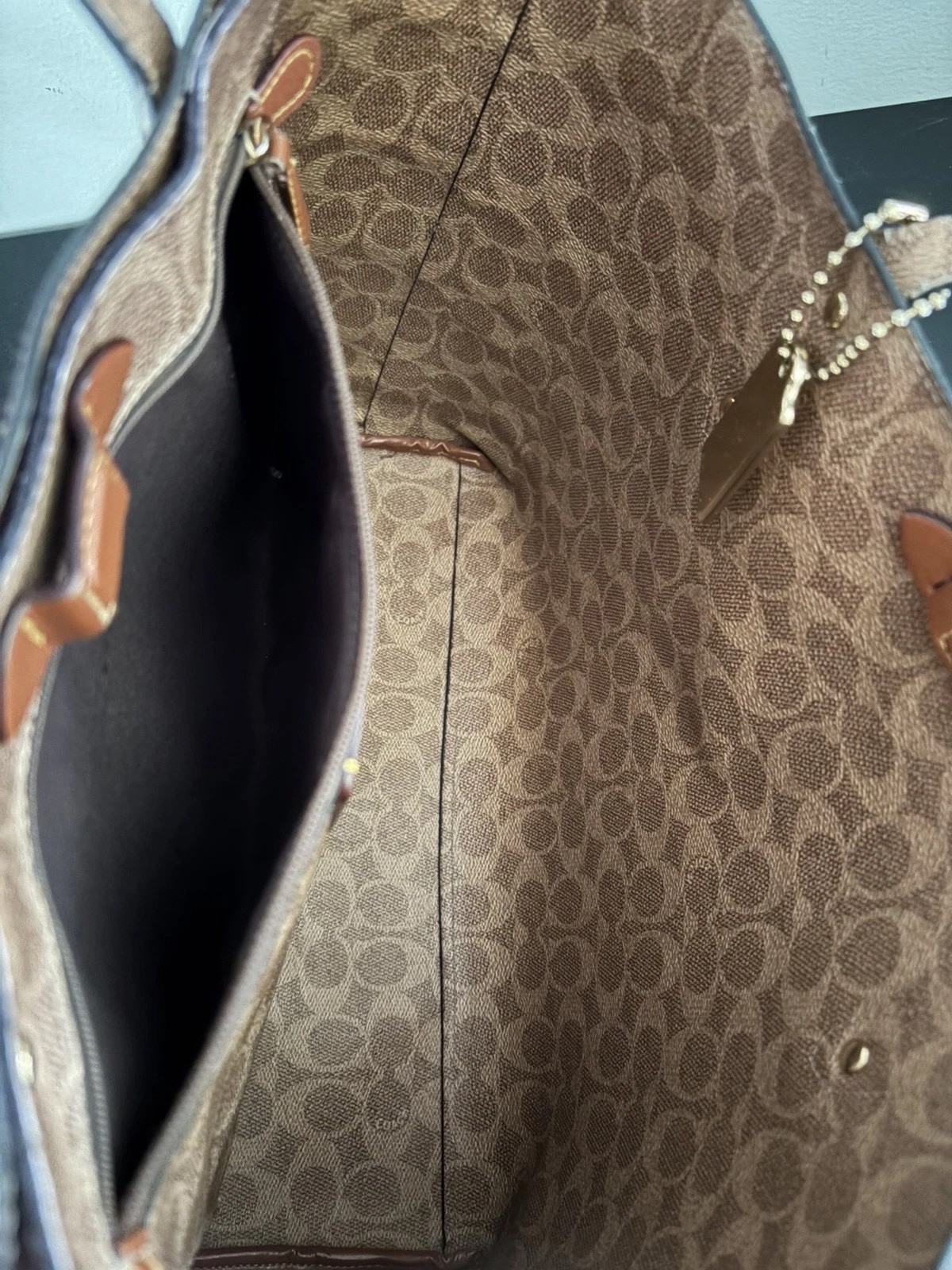 COACH Central Tote w/ Signature Logo Canvas Blocking/ Brown Pebble Leather/ Gold