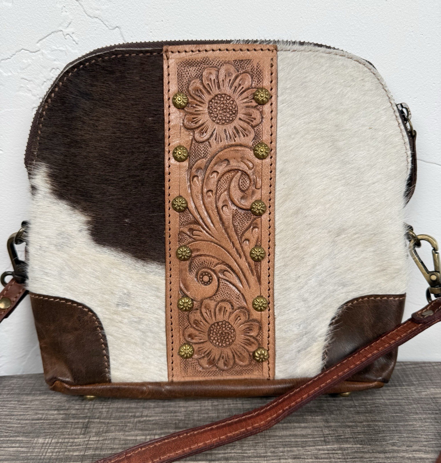 Cowhide Leather Crossbody Purse Floral Tooled Western Bag Rodeo Cowgirl Ranch