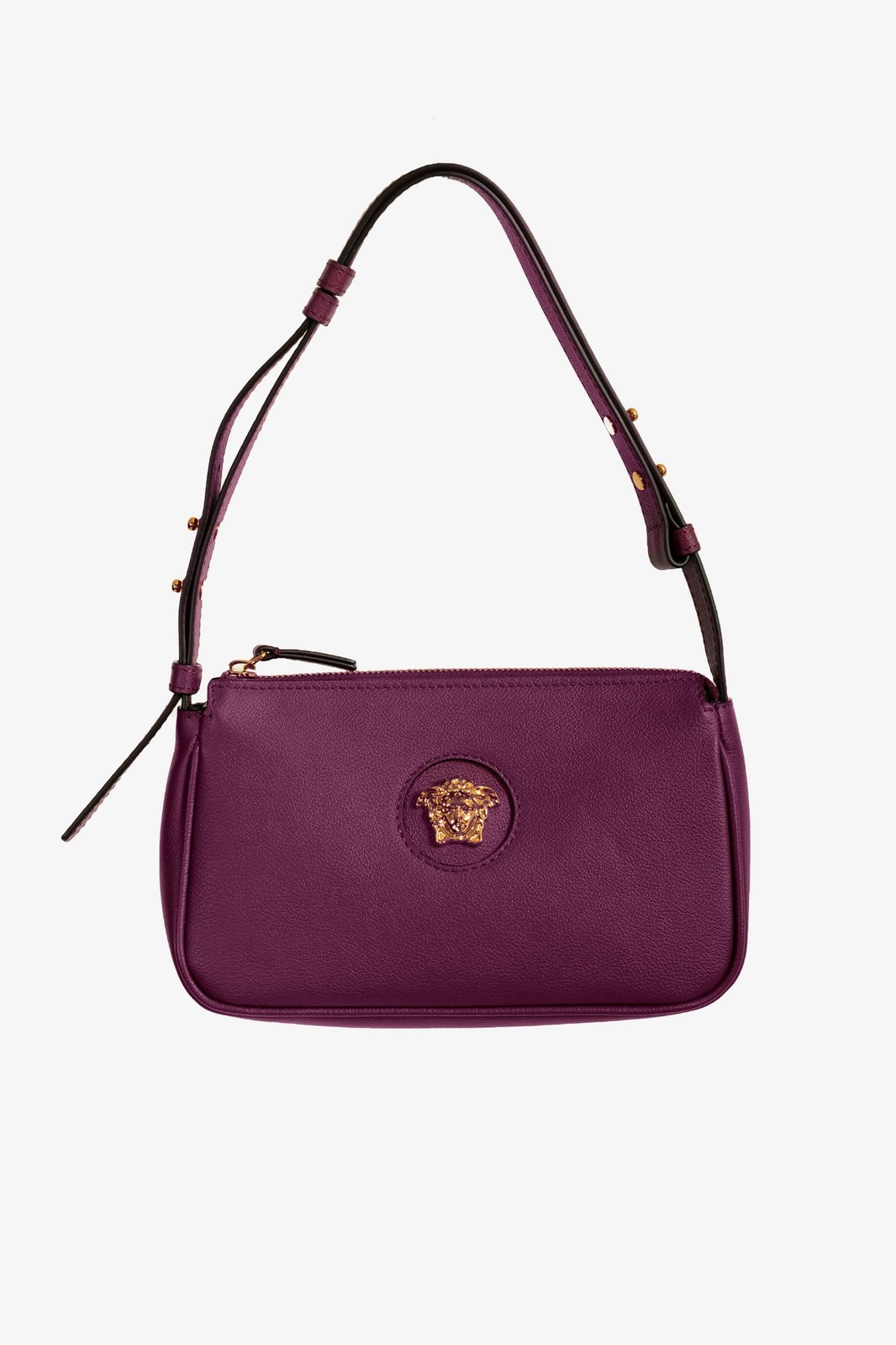Versace Plum Purple Grainy Leather Gold Medusa Small Handbag Shoulder Bag