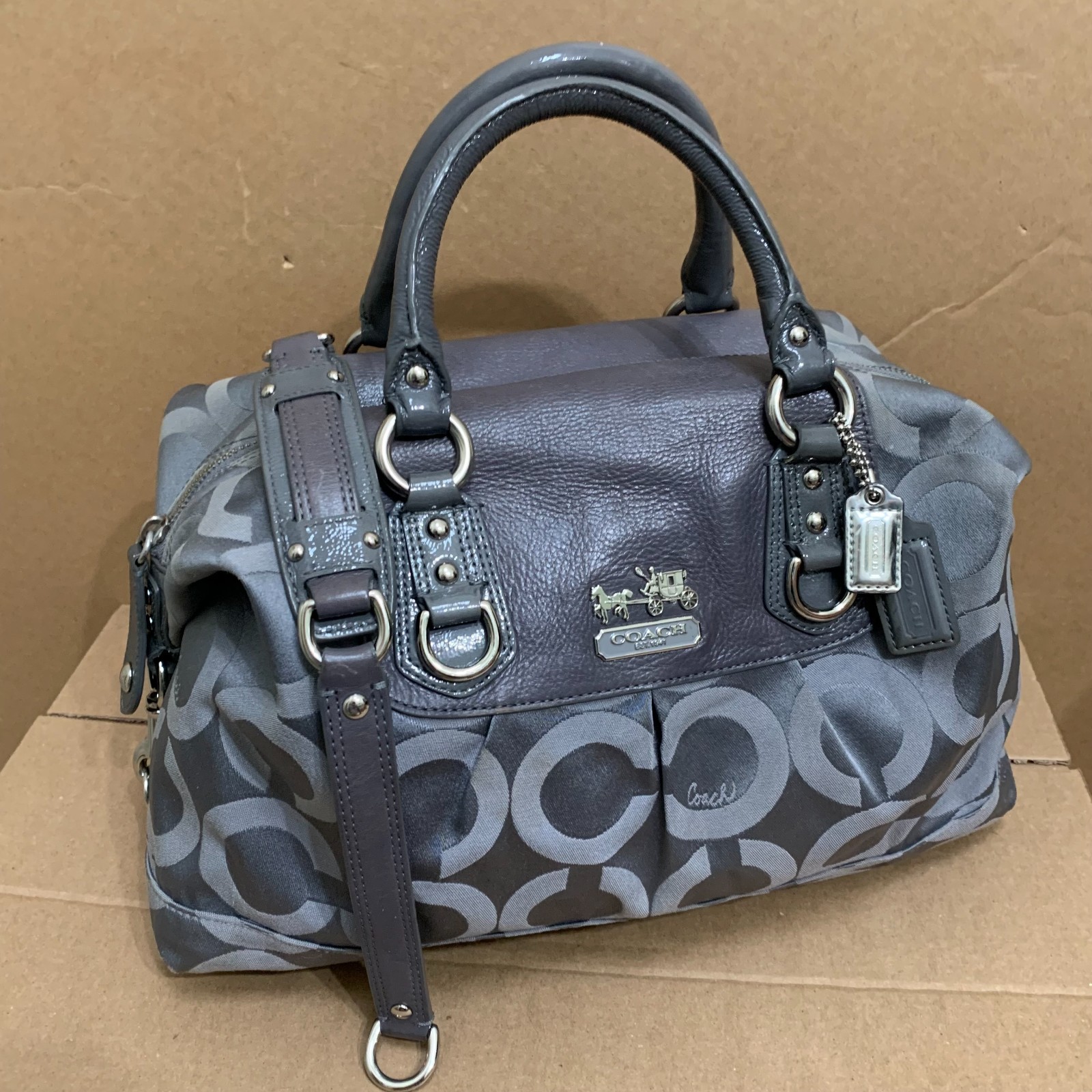 COACH MADISON Large Gray OP ART Logo Vintage SABRINA Satchel/Shoulder Bag #12943