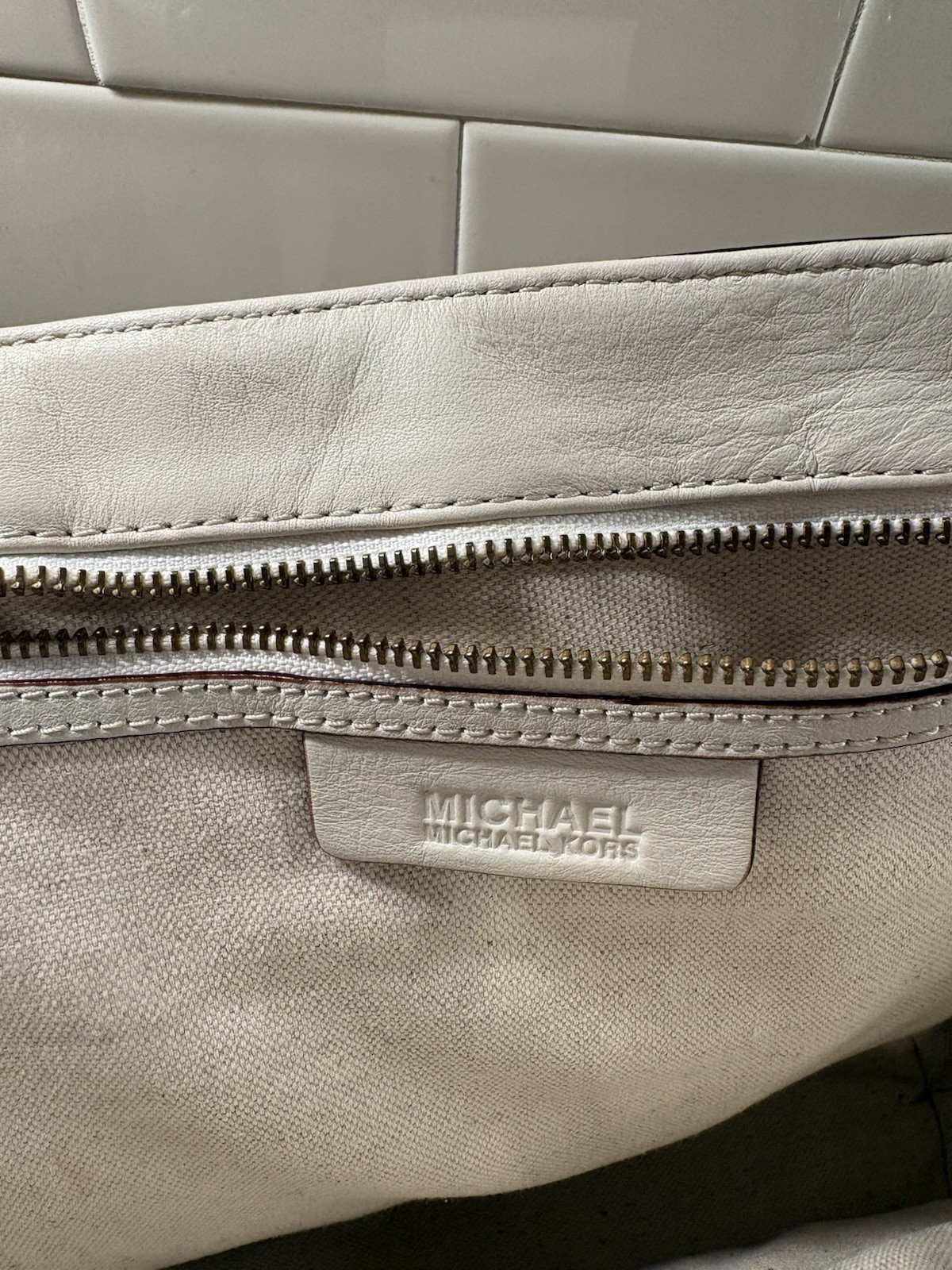 Michael Kors Woven Tote w/ Leather Trim, Gold Hardware, Zip Clasp, Beige Gray