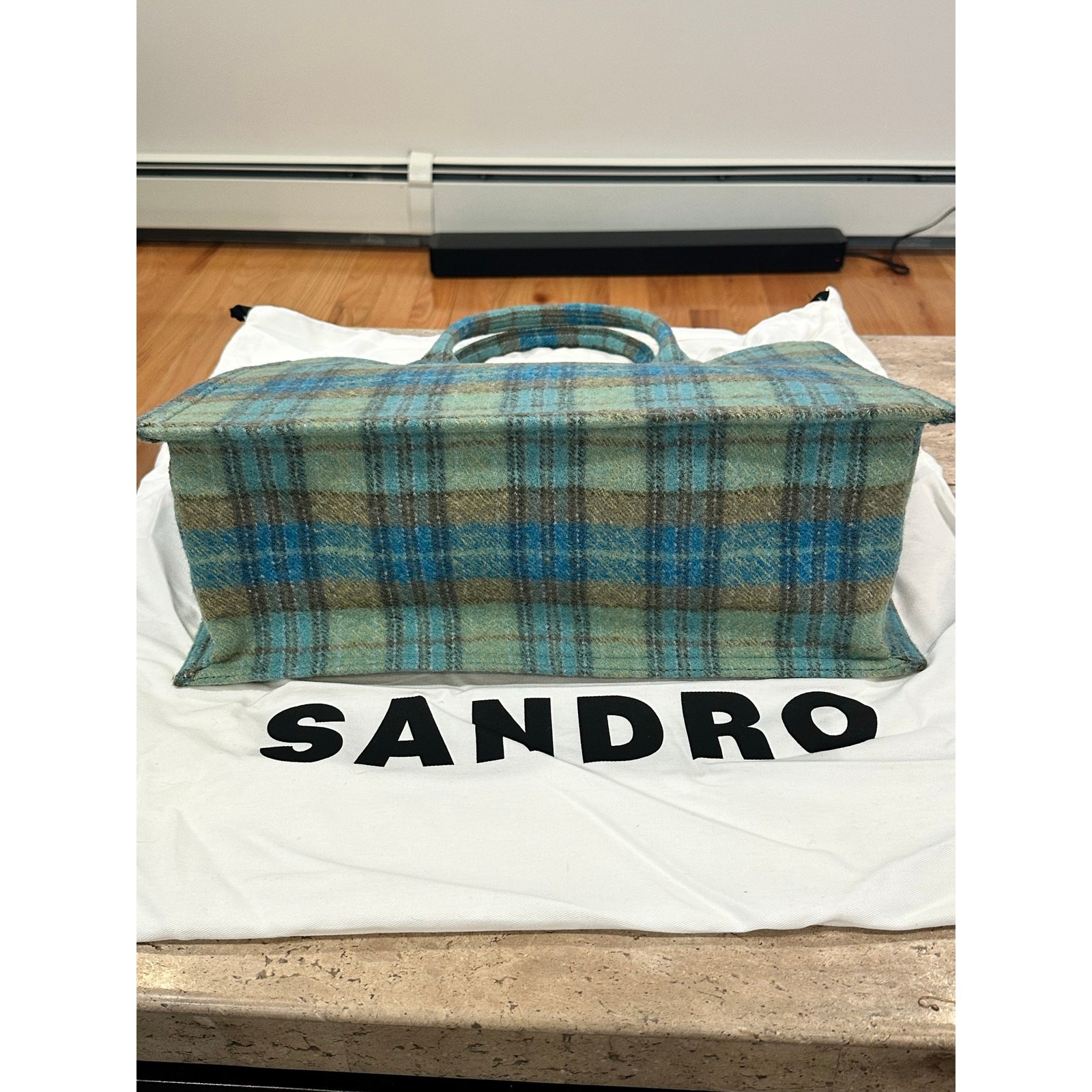 NEW Sandro Kasbah Checked Brushed Felt Tote Blue Green Yellow
