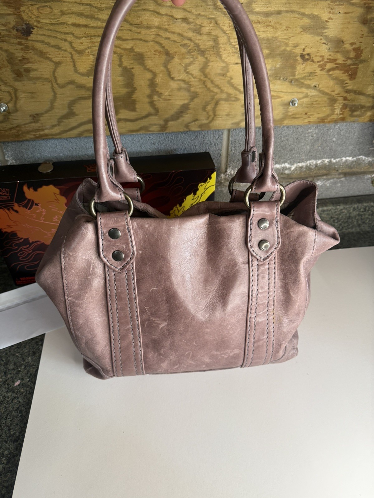 Frye Melissa Leather Tote Carryall Shoulder Bag Padded Pocket Mauve Distressed