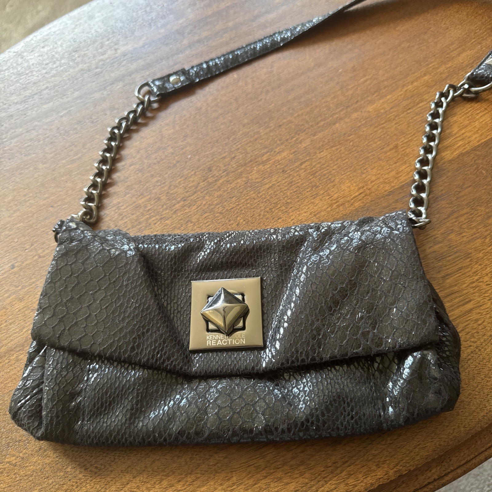 Kenneth Cole Black Snakeskin Embossed Clutch Shoulder Bag Purse