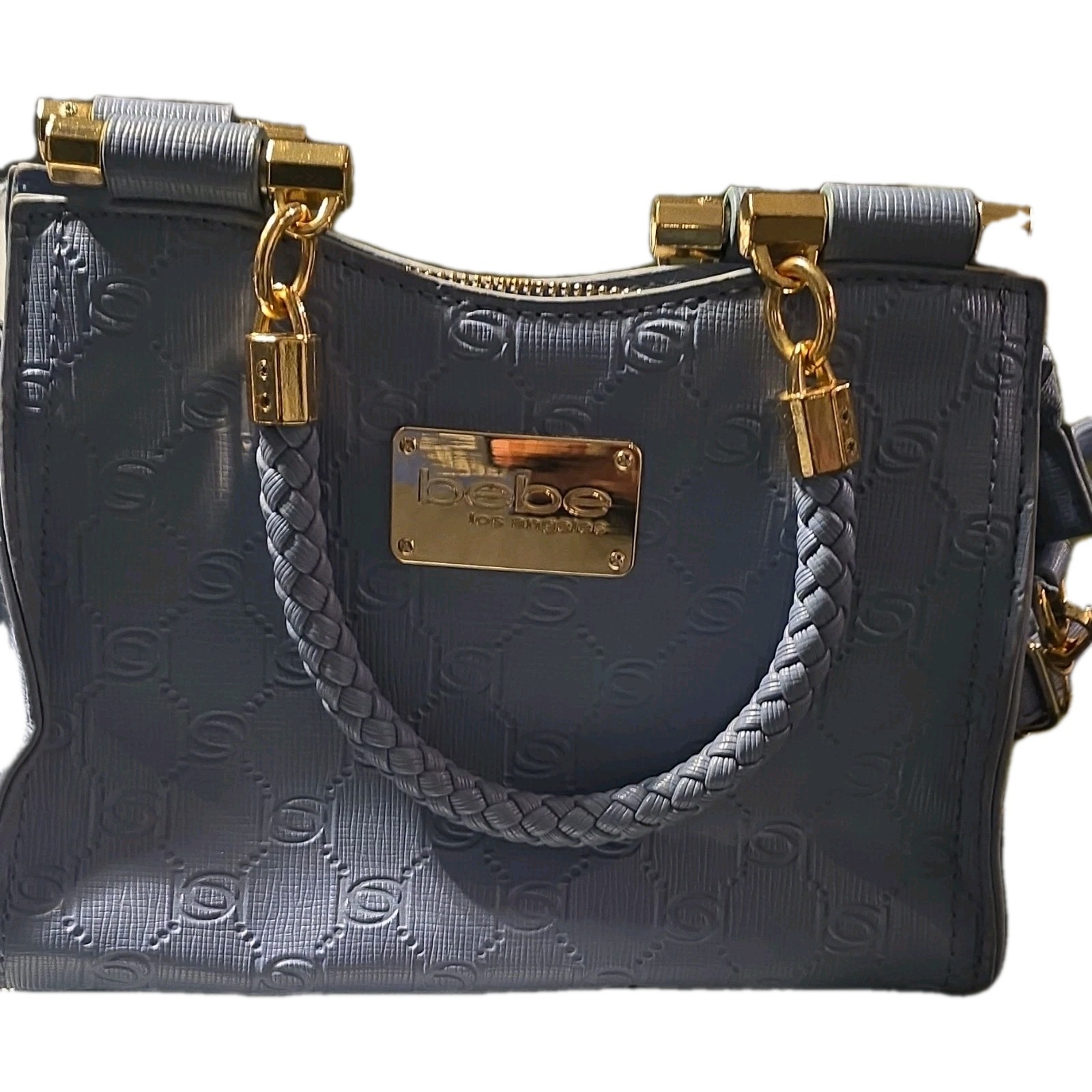 bebe Light Blue Satchel Braided Handle Logo Plate Gold Hardware Detachable Strap
