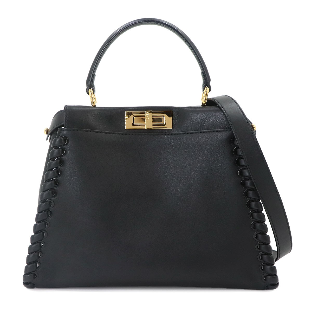 FENDI Peekaboo Regular 2way Hand Bag Leather Nero 8BN290 Interlaced 90333337