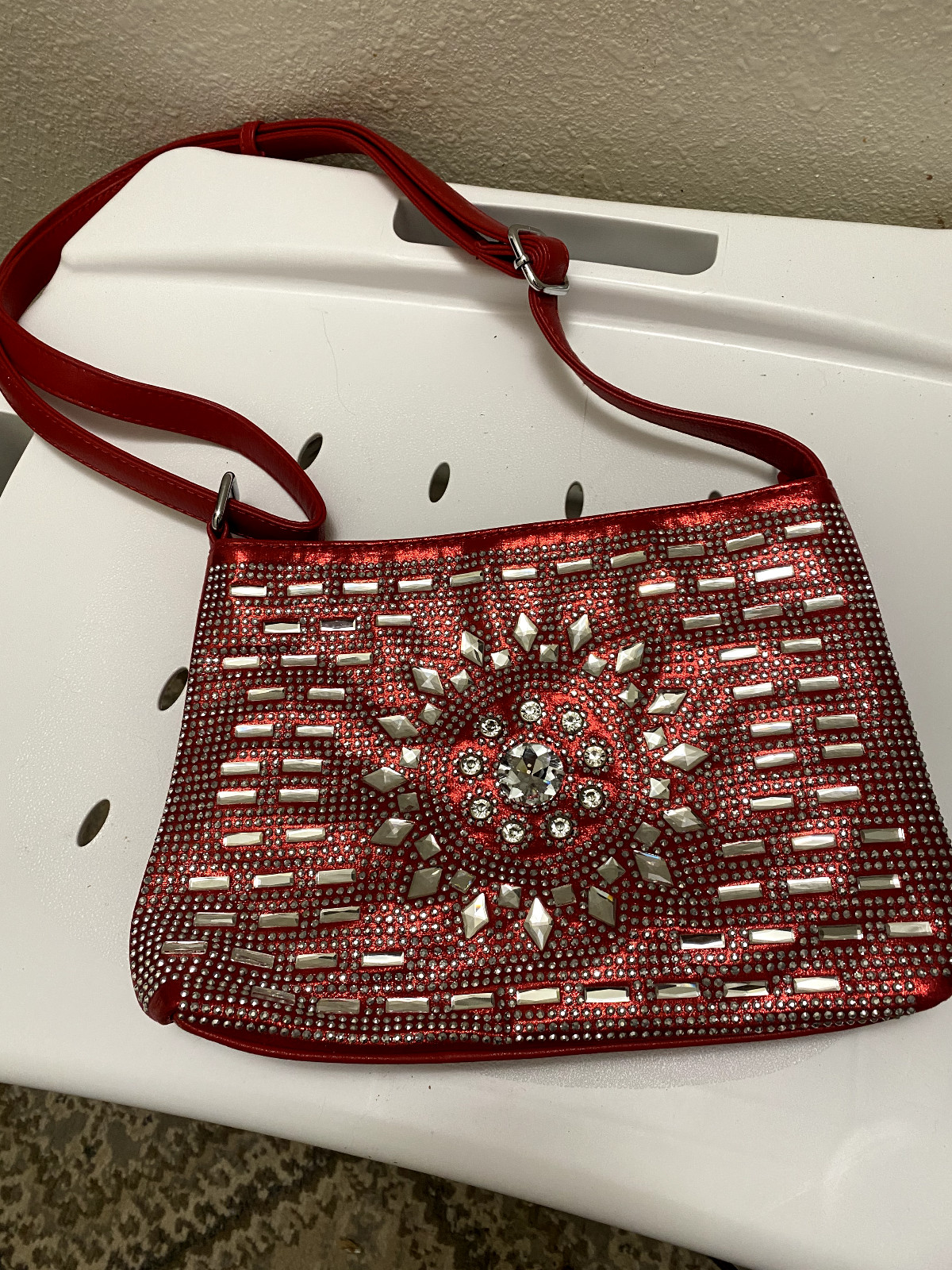 MC brand red purse with crystals/rhinestones (purse size 11×8.5 in.)