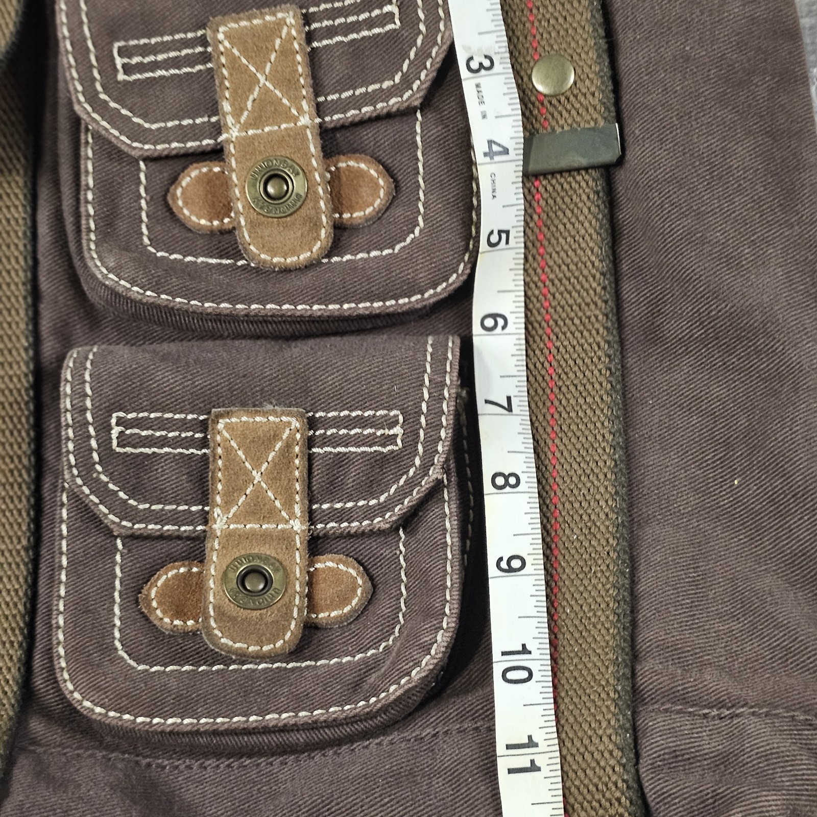 UnionBay Y2K Shoulder Bag Cotton Twill Leather Trim Magnetic Lock Pockets Brown