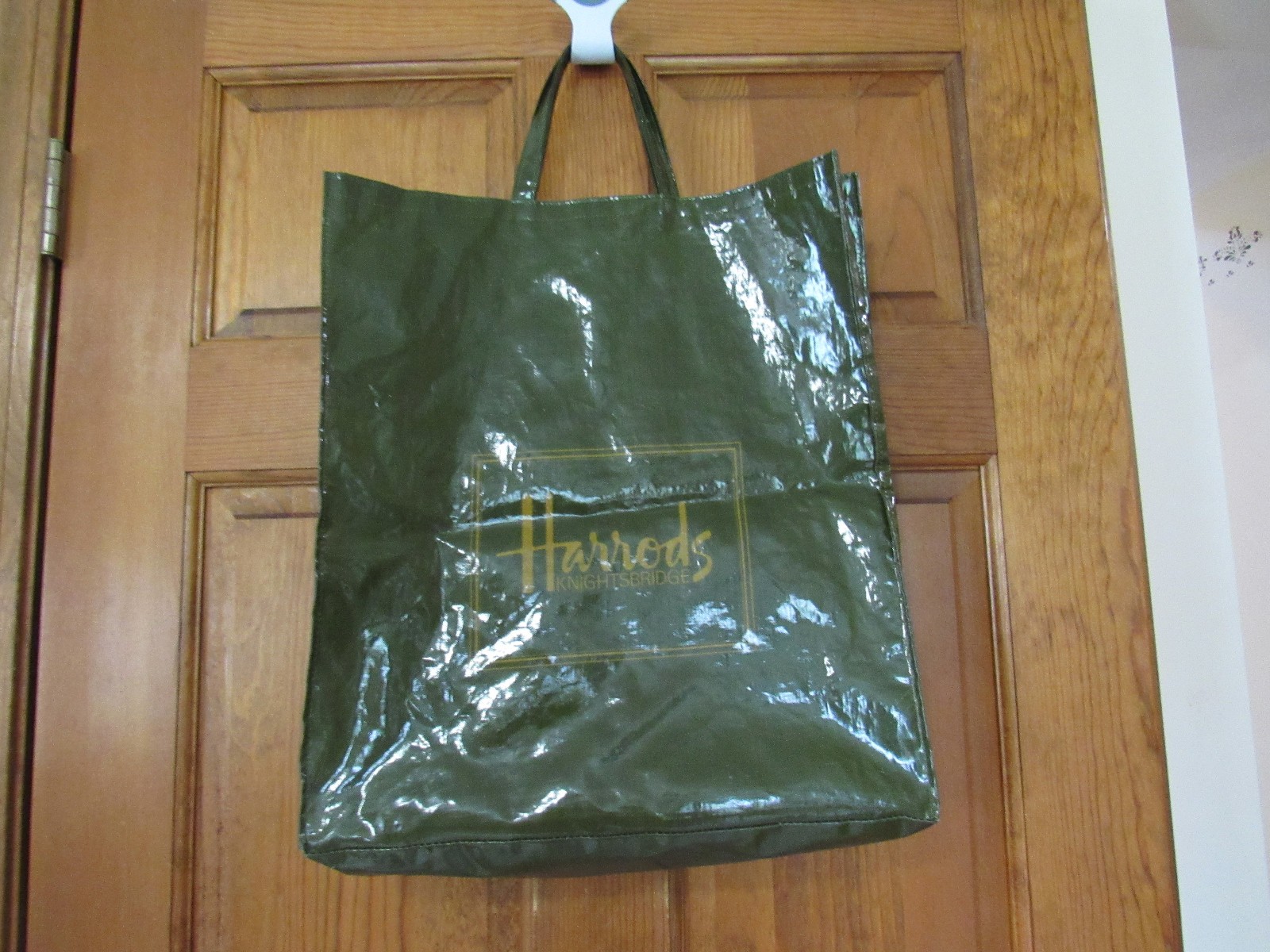 $100 VTG SARI HARRODS Cotton PVC Coated Shopping Green Tote Bag 17″ 16″ 5″