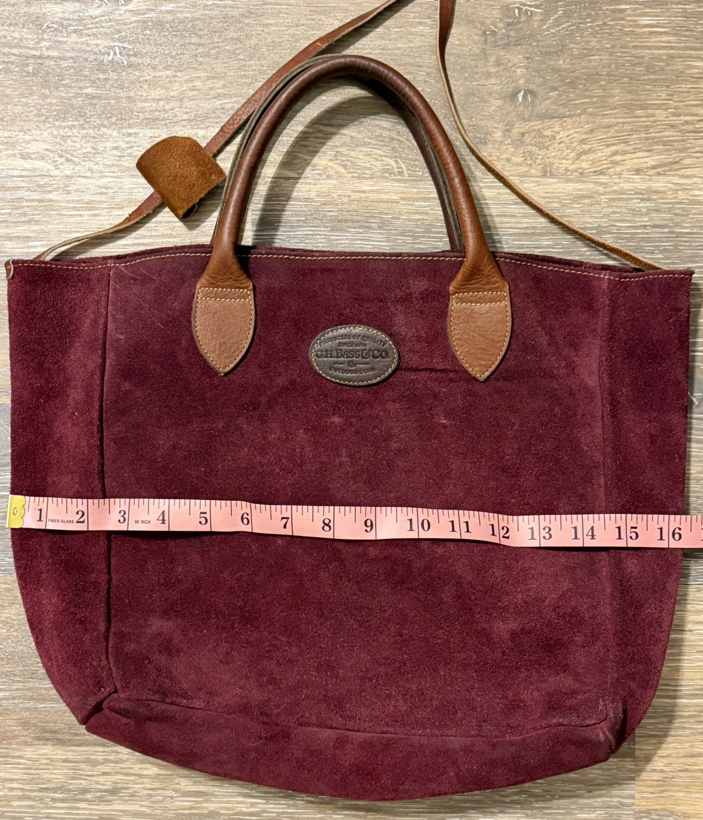 Vintage G.H. Bass & Co Red Maroon Suede Leather Tote Bag Brown Leather Handles