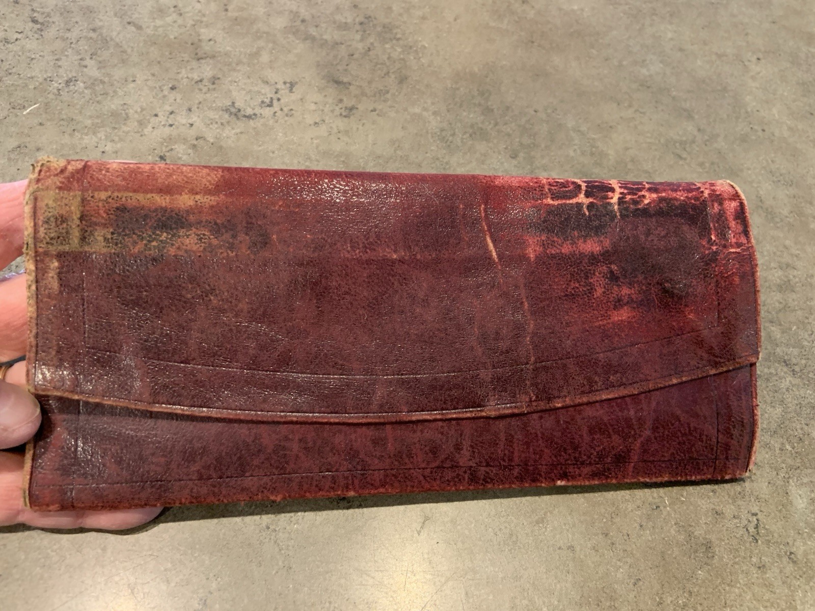 Vtg Leather Fold Over Coupon/Bill Holder 8” Burgundy