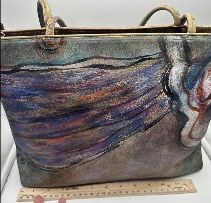 Jane Yoo VTG Leather Wearable Art Shoulder Bag Signed Hand Painted Purse Y2K