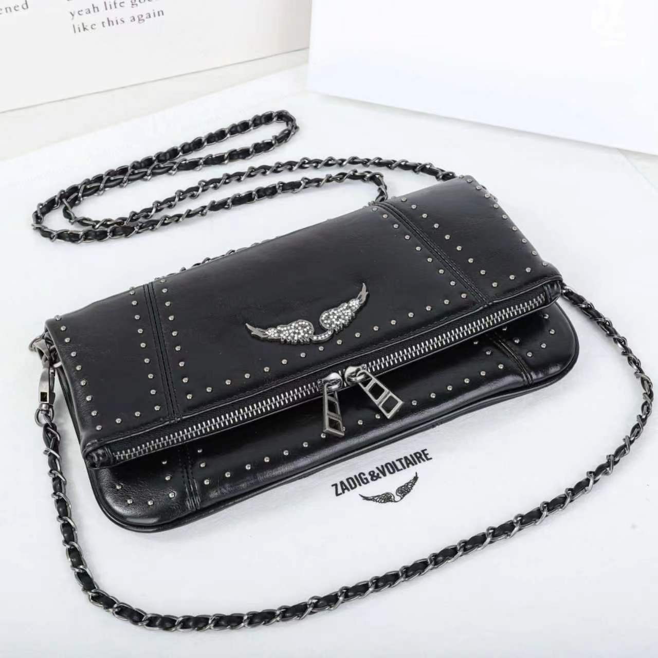 Zadig & Voltaire Black Leather Studded Flap Bag Dual Chain Strap 27x4x15cm