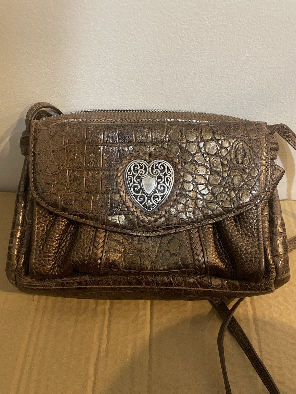 BRIGHTON HERALDIC HEART Flap Leather Organizer CROSSBODY Bag Y2K