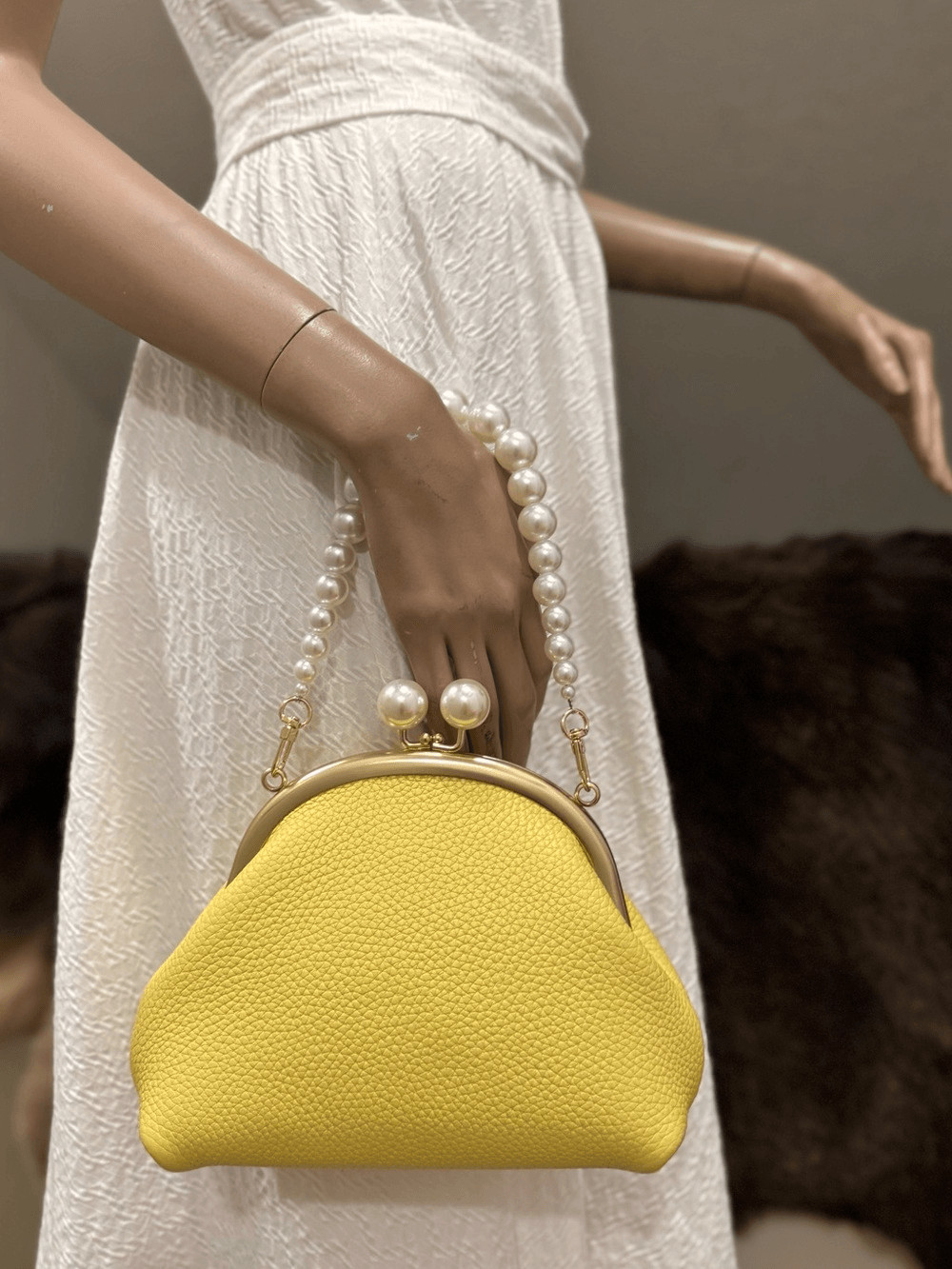 Yellow Togo Calfskin Handmade Vintage Kisslock Clutch, Wristlet, Crossbody