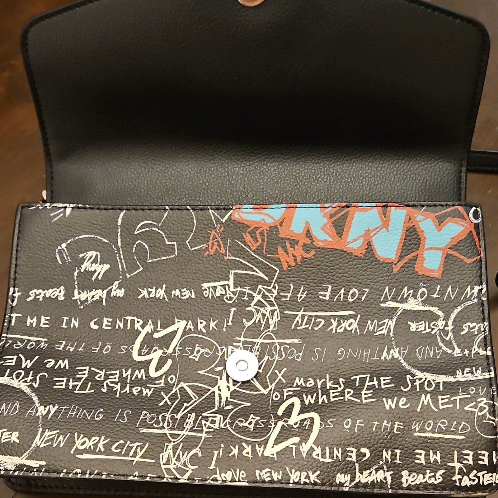 DKNY NYC Graffiti Print Crossbody Bag Black/White Chain Strap Lock Charm