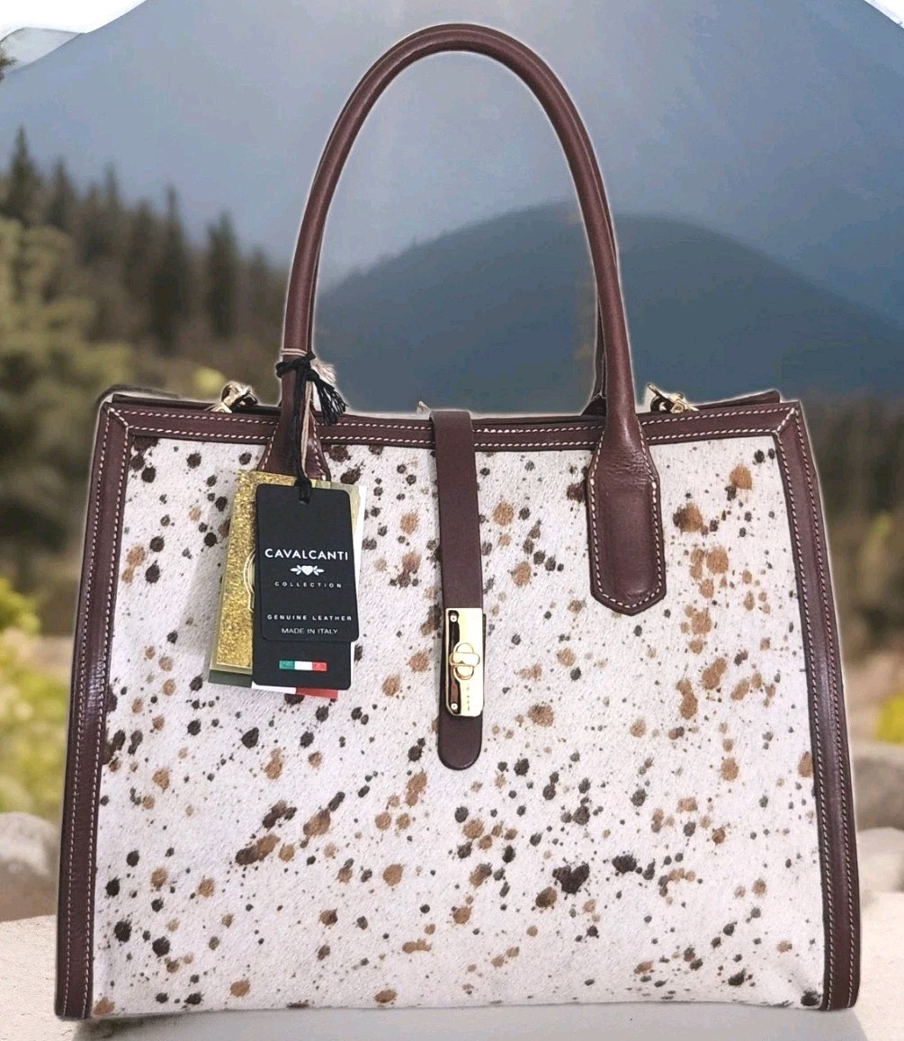 🌞CAVALCANTI ITALIAN DESIGNER COW CREAM BROWN HAIRCALF SATCHEL SHOULDER BAG🌺NWT