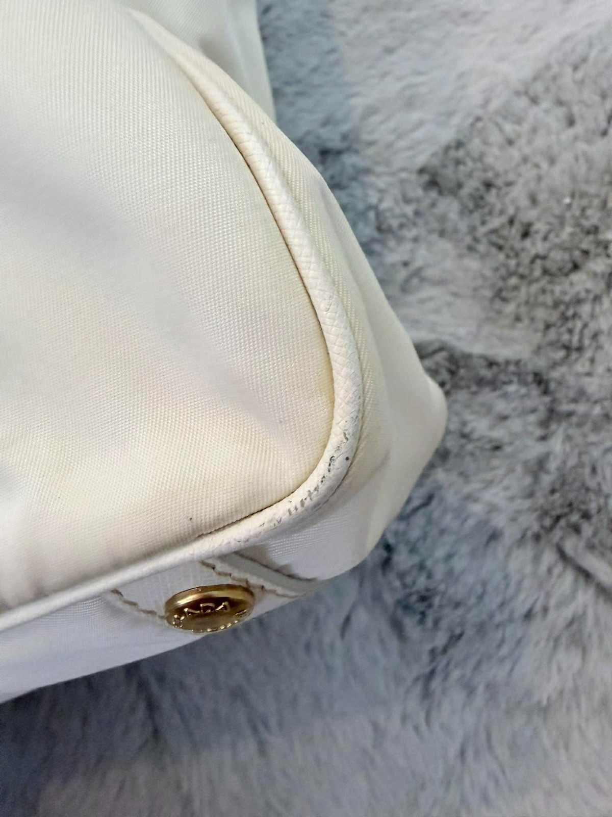 PRADA Tessuto Nylon Logo Tote Bag White Saffiano Leather Trim Shoulder AUTHENTIC