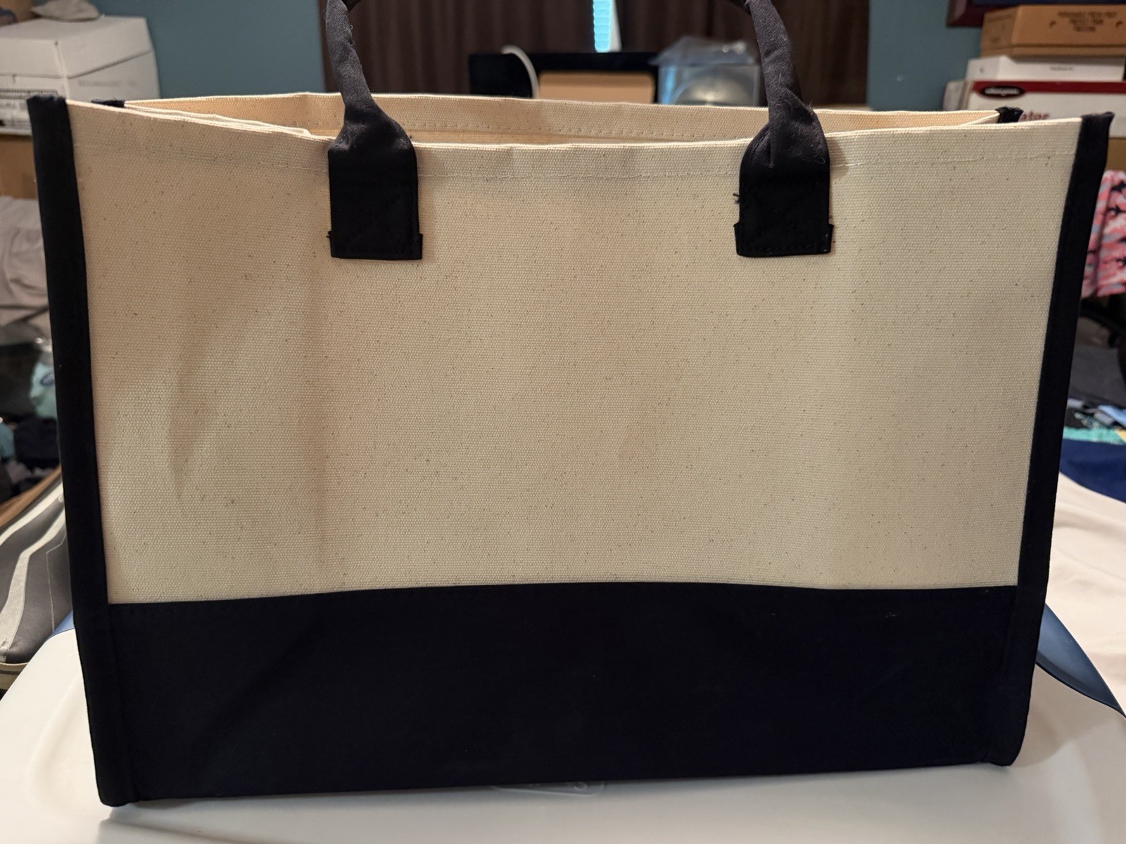 Large Beige/Black Tote Bag Initial J Monogram Bow Charm Open Top Inner Pockets