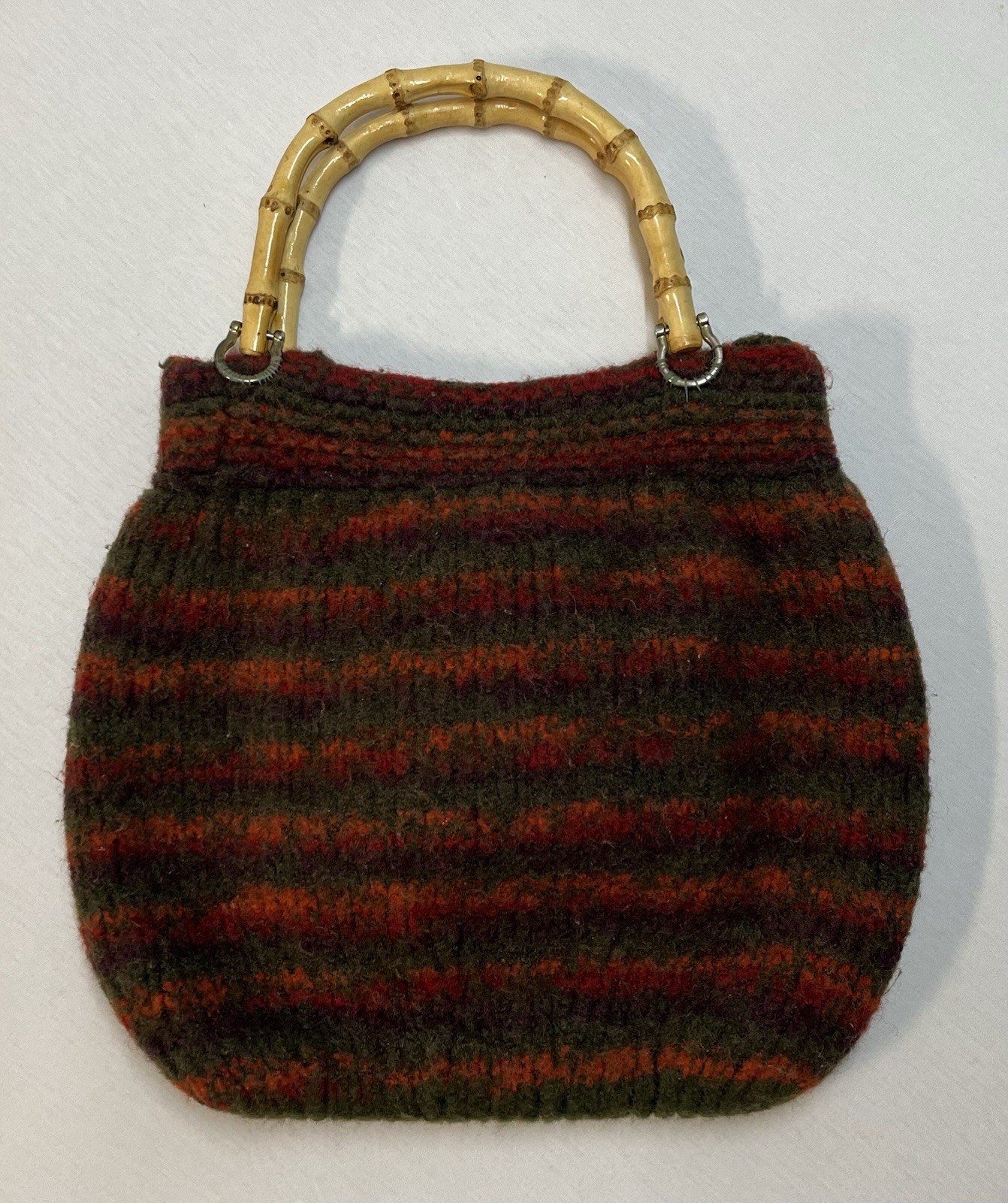 Boiled Felted Wool Handbag Purse Bag Bamboo Handles Artisan Made Fall Colors EUC