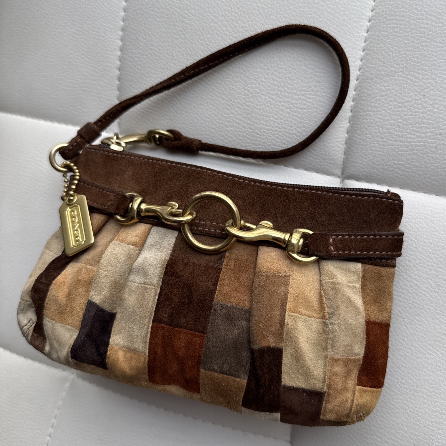 Coach Suede Mosaic Brown Pattern Wristlet Purse Wallet Chainlink Y2K Vintage
