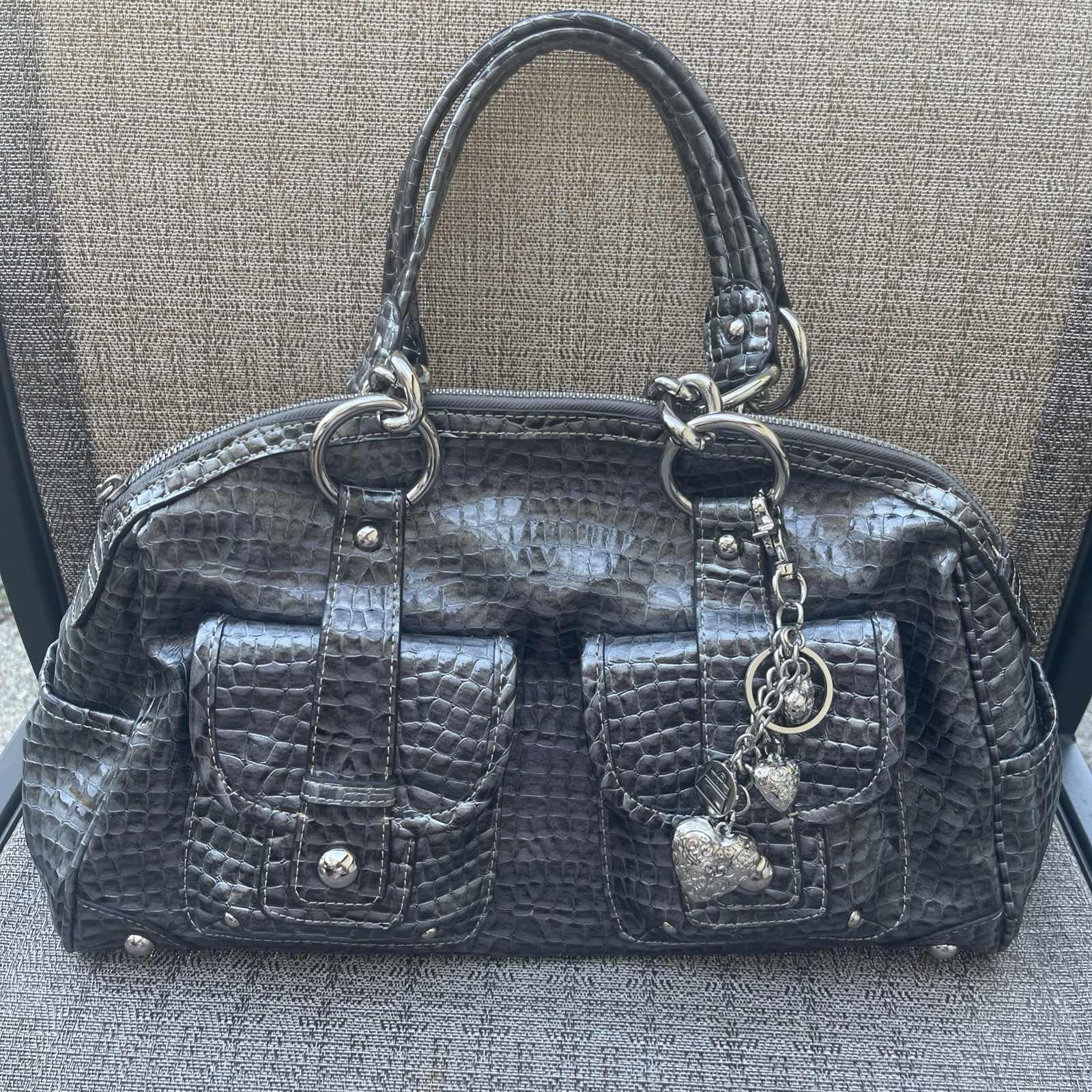 Kathy Van Zealand Y2K Faux Leather Snakeskin Shoulder Bag Women Dark Gray Purse