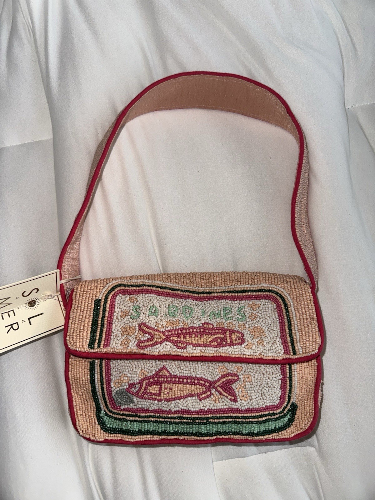 Viral Pink Sardine Beaded Shoulder Bag Handmade in India New with Tags