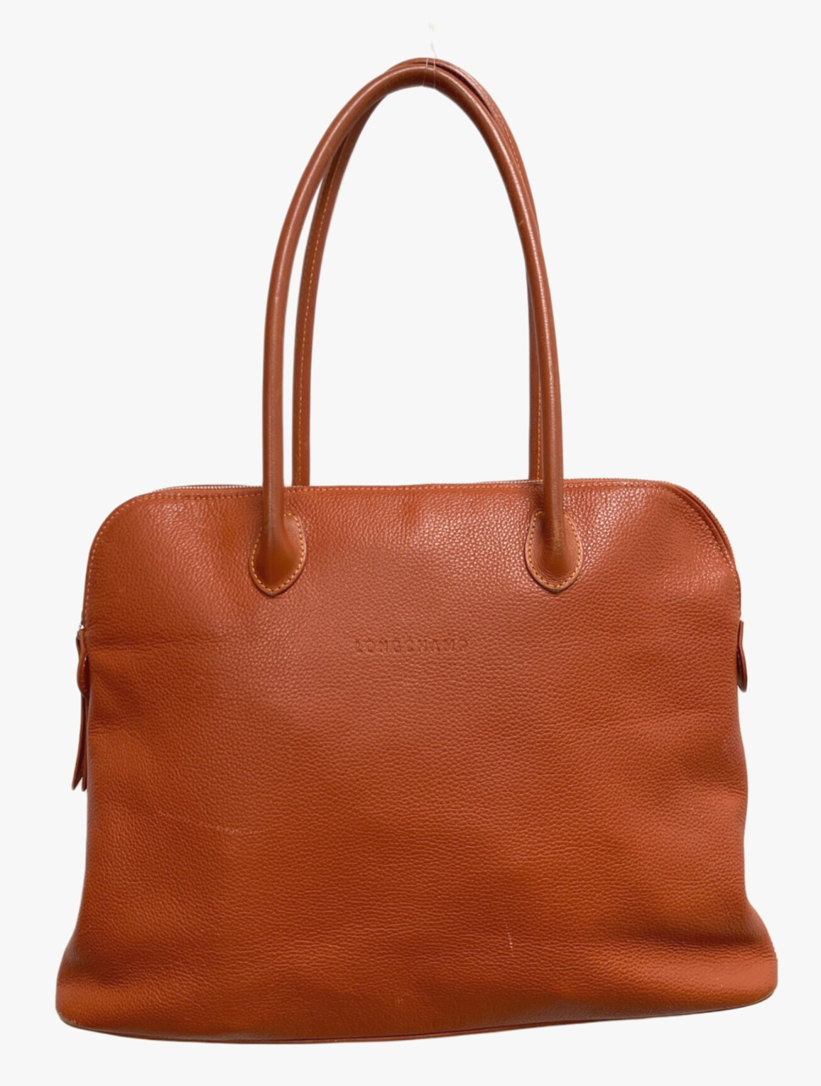 Longchamp Orange Leather Tote Bag Zip Top Large Handbag W 15.7 in Authentic