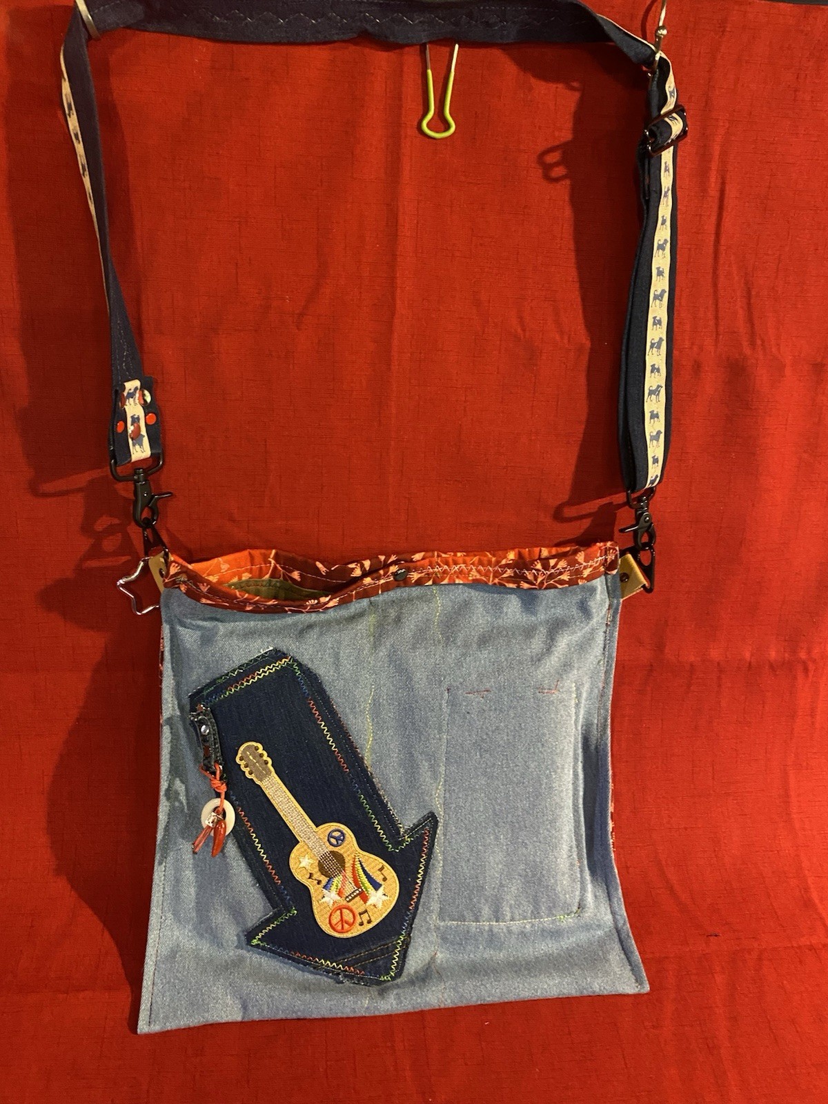 Handmade Guitar Denim Bag Floral Lining, Pockets & Adj Strap Hippie See Pics