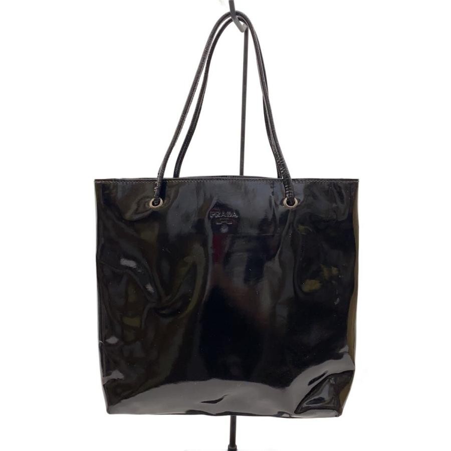 PRADA Enamel Black Handbag Corner Wear Surface Scratches 27.5cm Handles Auth