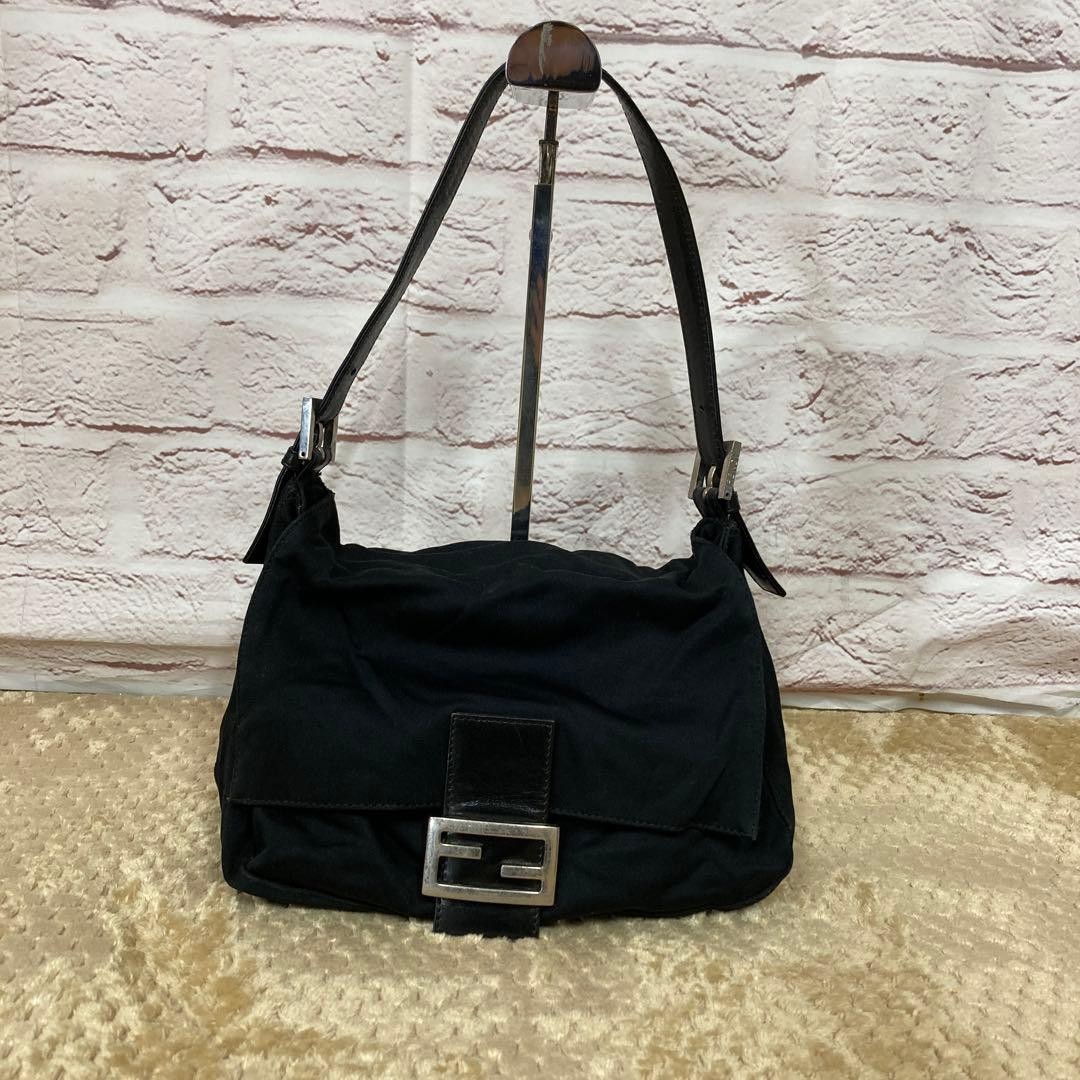 FENDI Mamma Bucket Shoulder Bag Flaplock Leather Jersey Black Silver Hardware