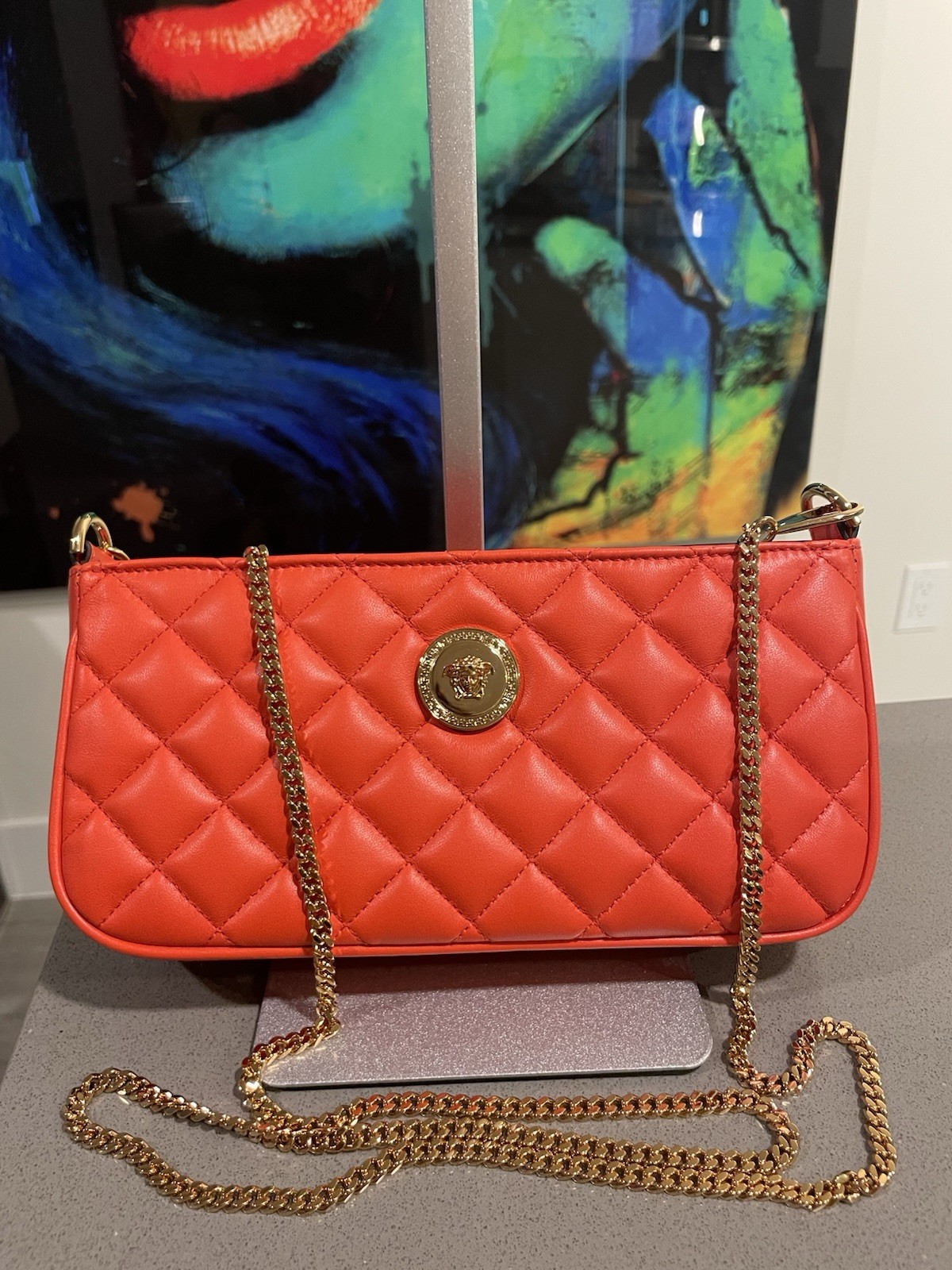 Versace Mini Bag Quilted Lamb Leather Coral And Gold Authentic $1500 Retail