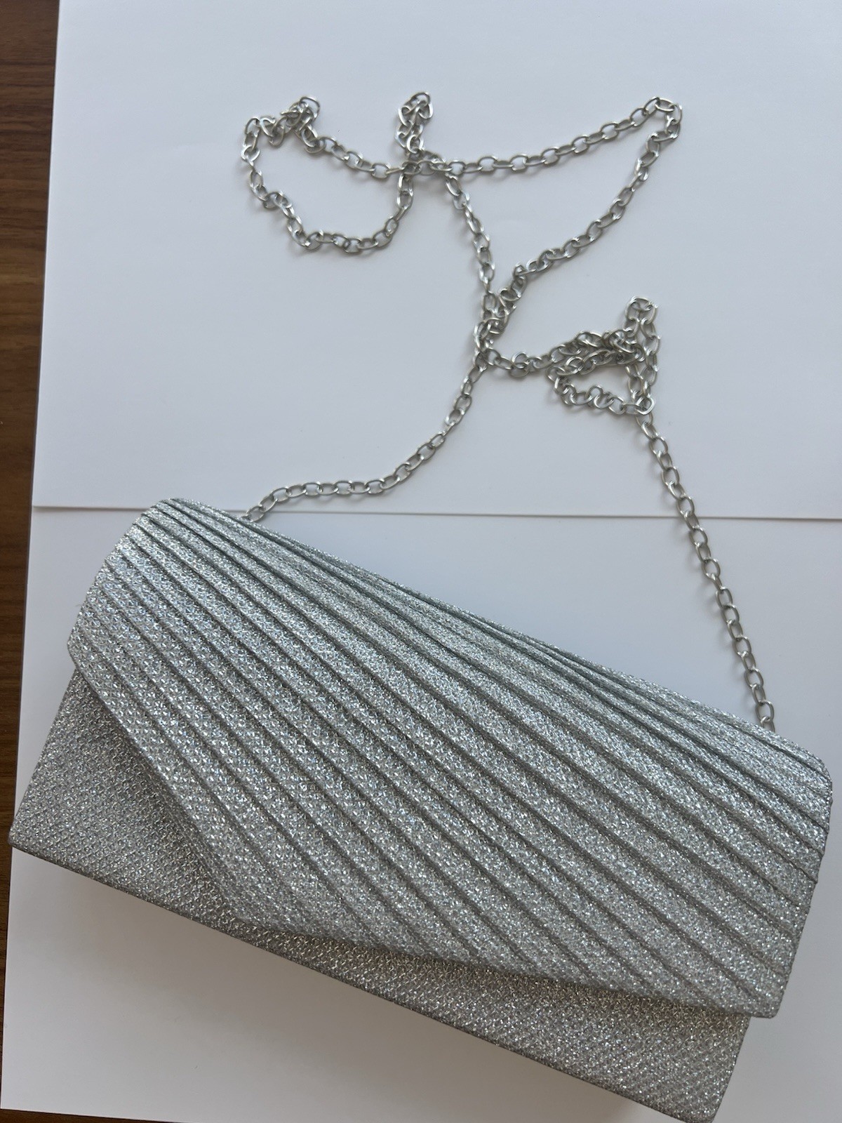 Silver Glitter Clutch Evening Bag, Chain Shoulder Strap, Snap Closure