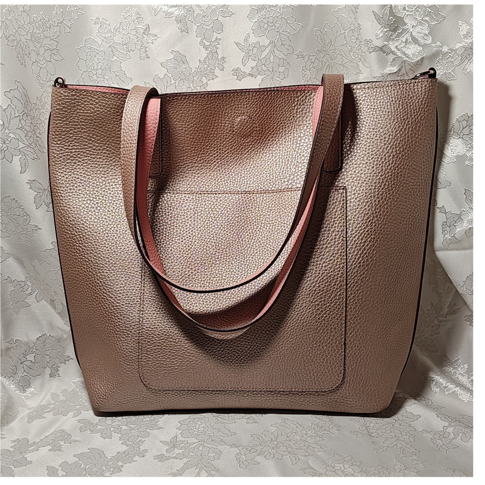 Women’s Beige/Pink Tote Bag Pebbled Finish Strap Accents Double Handles