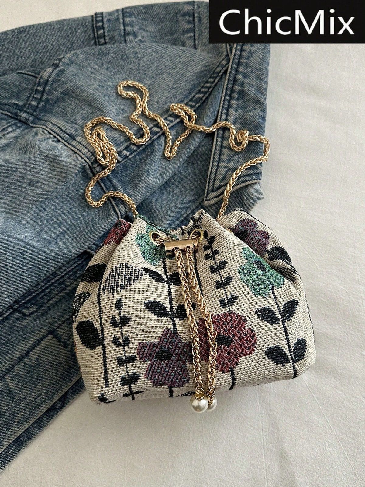 Mini Drawstring Bucket Bag Women Chain Strap Crossbody Shoulder Handbag