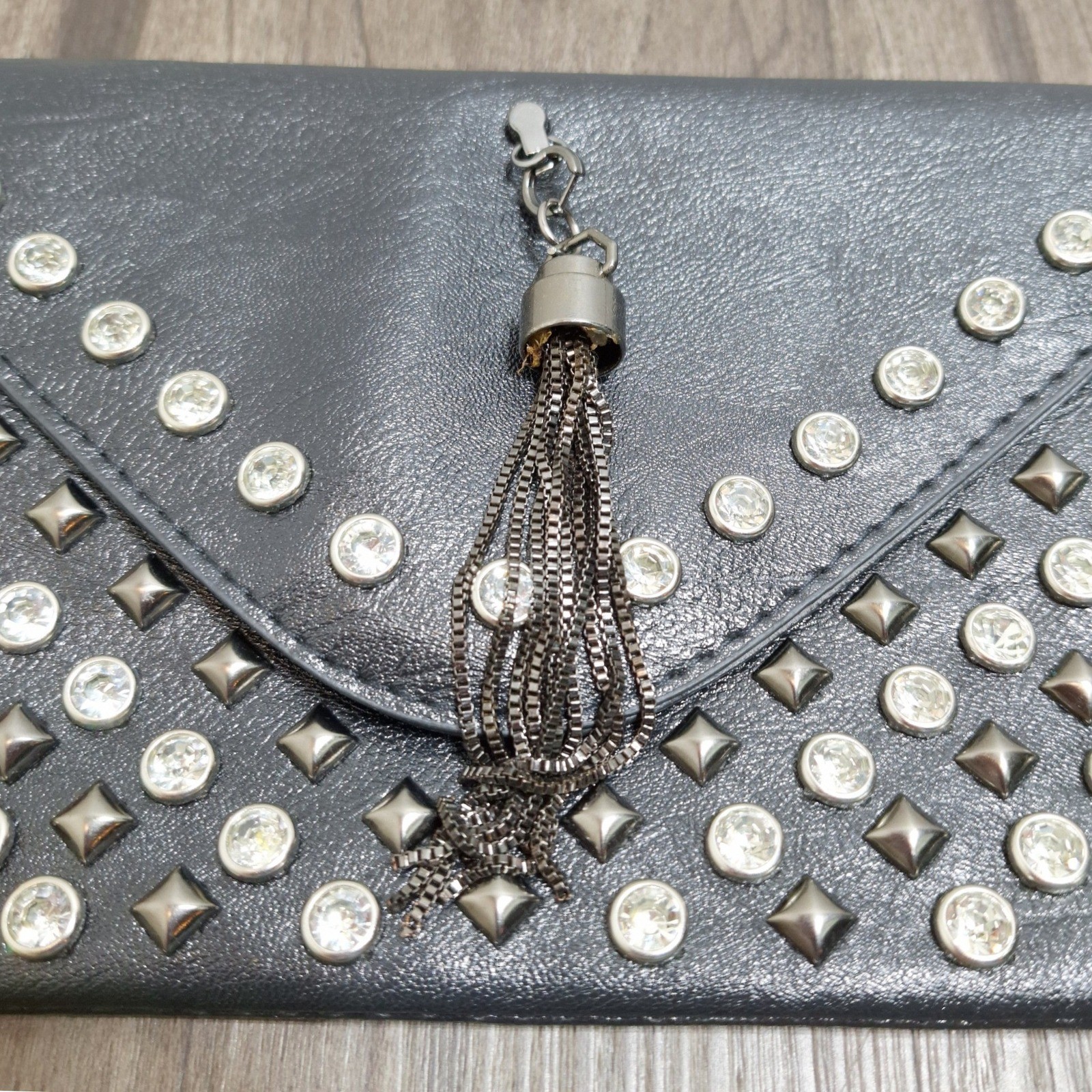 Black Faux Leather Studded Rhinestone Wristlet Clutch with Chain Tassel Edgy