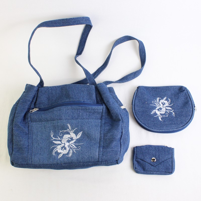 Unbranded 3 Piece Blue Denim Tote Purse with Matching Small Pouches