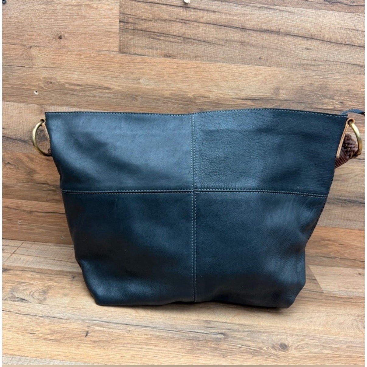 Carbon 2 Cobalt Black Leather Hobo Bag with Brown Braided Strap