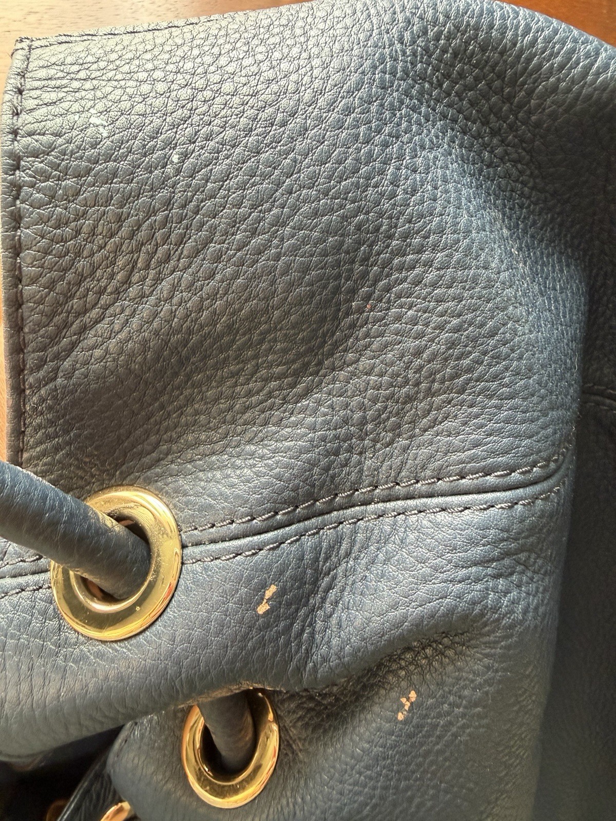 Michael Kors Blue Pebbled Bucket Drawstring Bag Tassel Gold Hardware Pockets