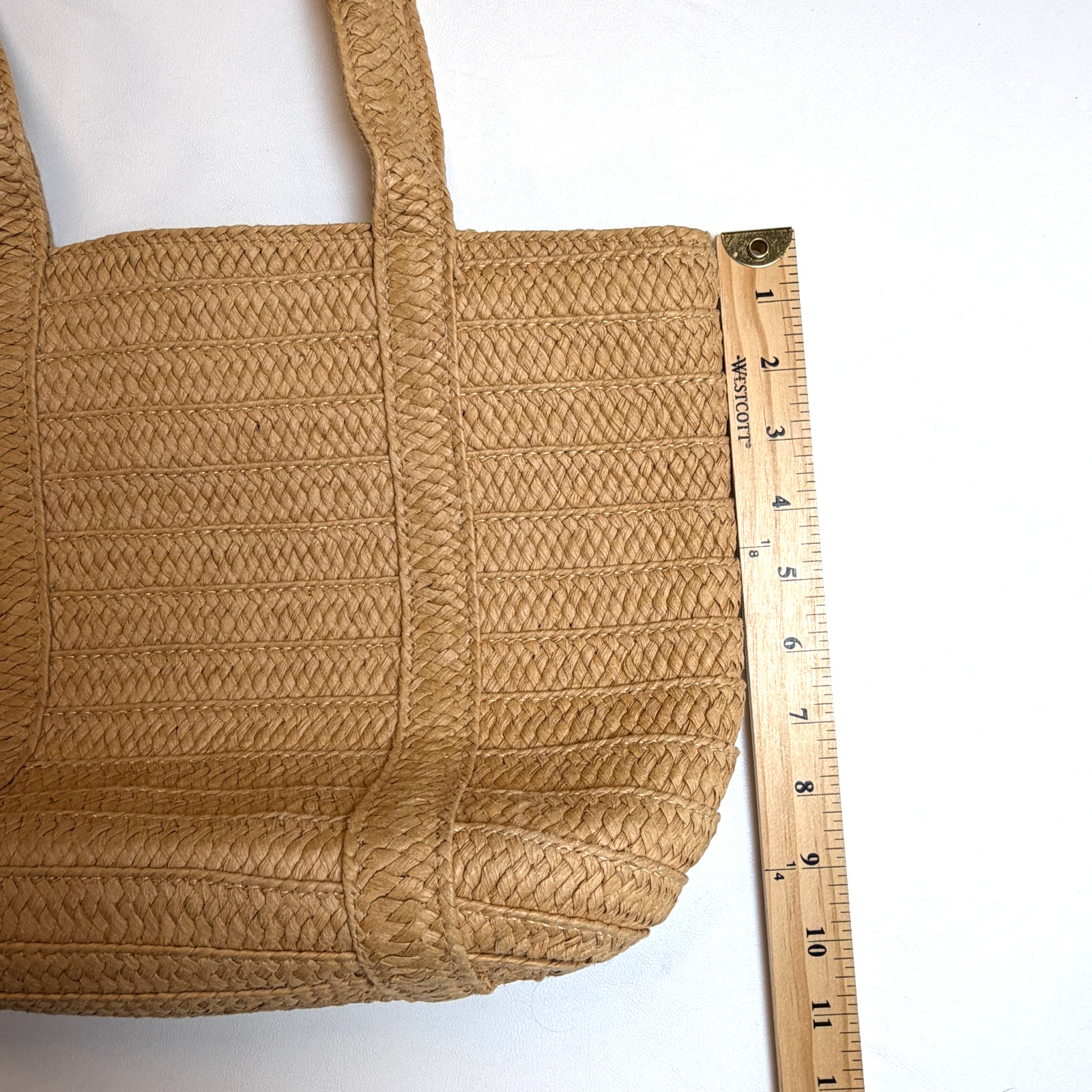 Draper James Straw Tote Bag Natural Woven Beach Bag Snap Closure Blue Lining