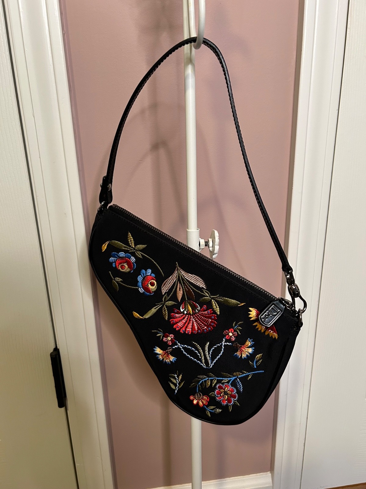Authentic CHRISTIAN DIOR Saddle Bag with Embroidered Flowers Design