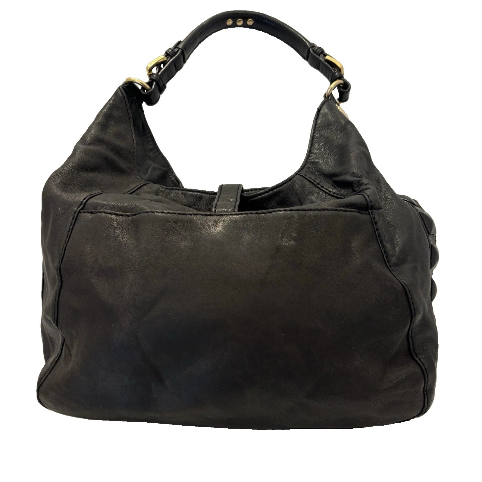 Women’s Michael Kors “Calista” Black Leather Shoulder Bag With Gold Tone Accents