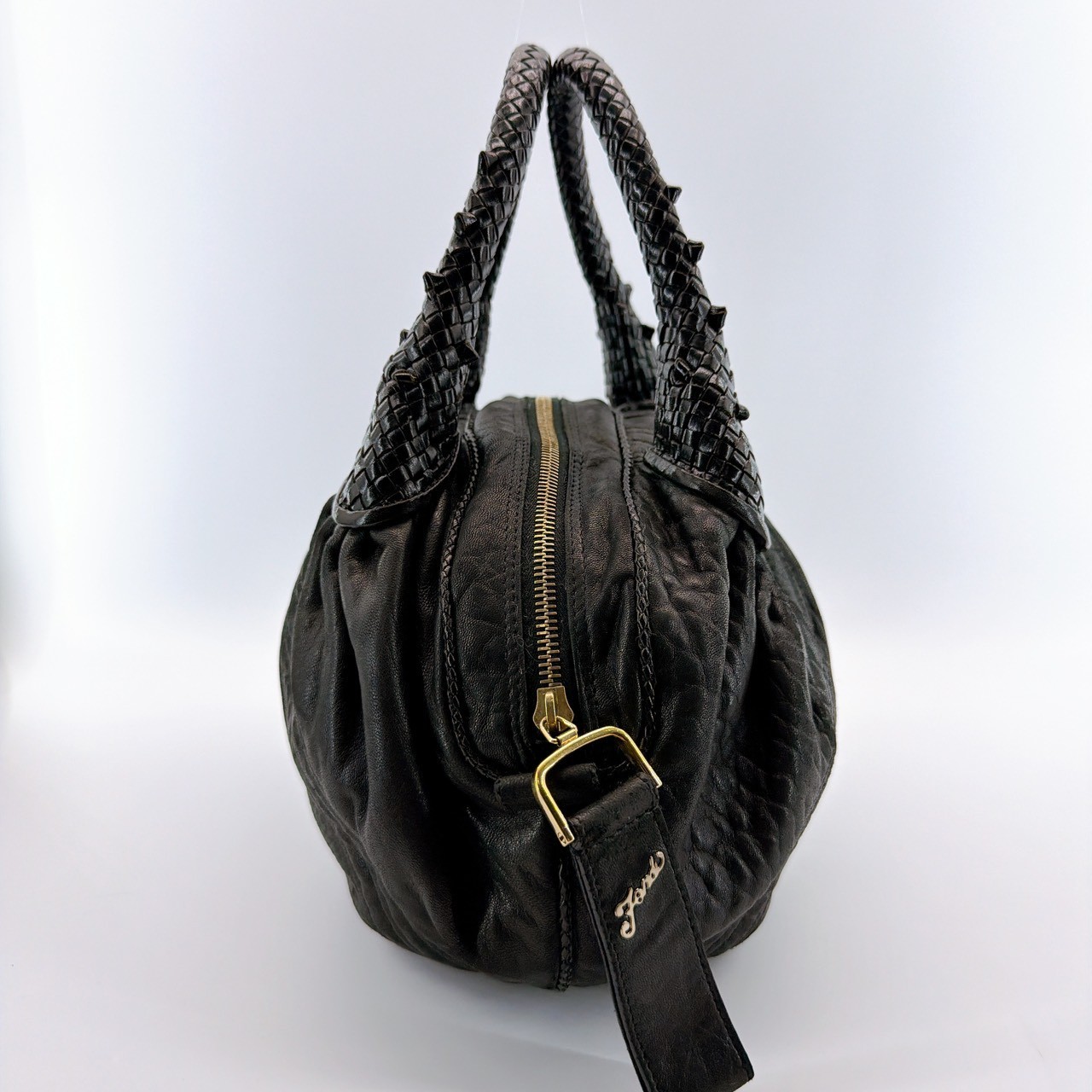 Fendi Spy Bag Handbag Top Handle Black Zucca Canvas Leather 303Q10