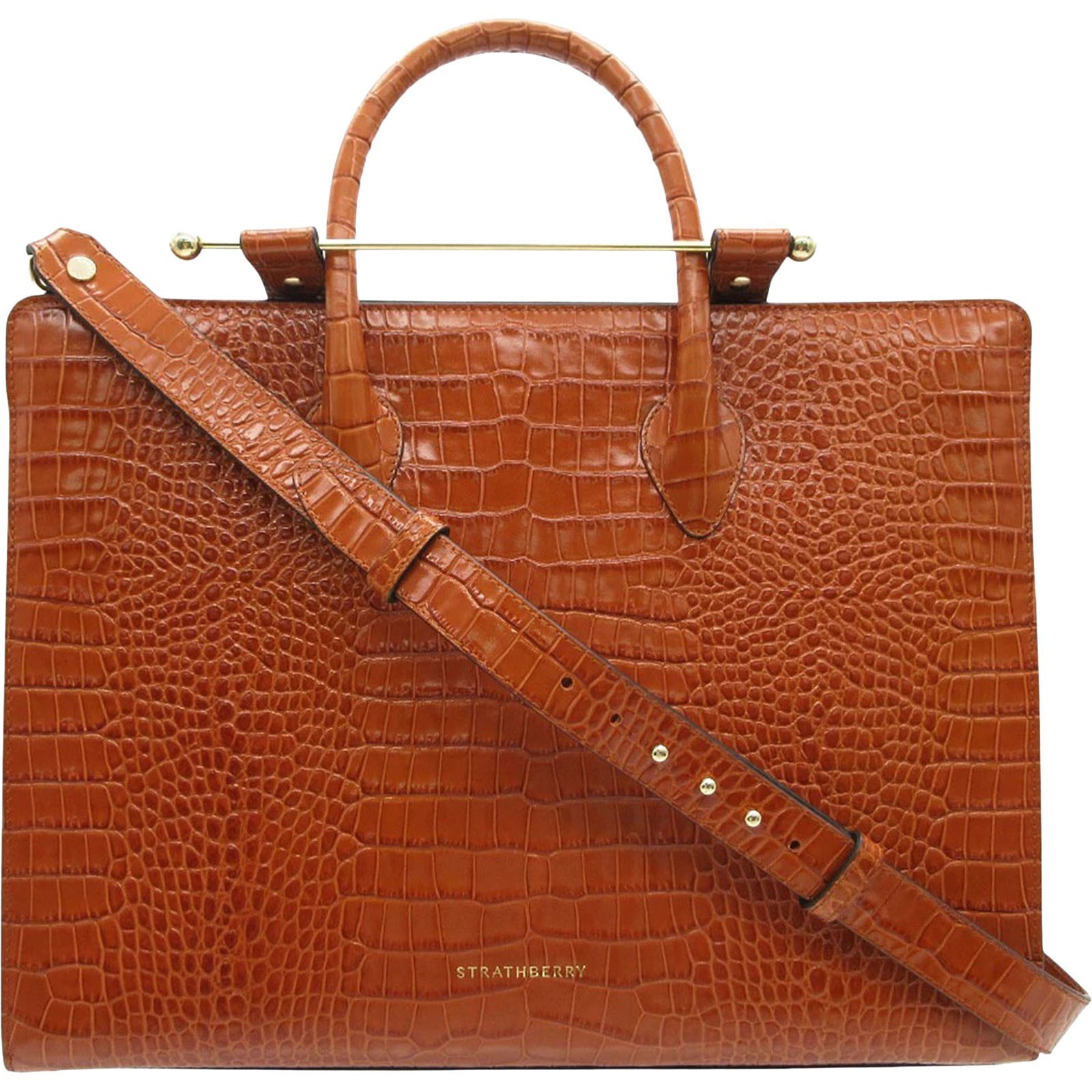 Strathberry Croc Embossed Leather Tote 2WAY Shoulder Handbag Brown Spain Auth