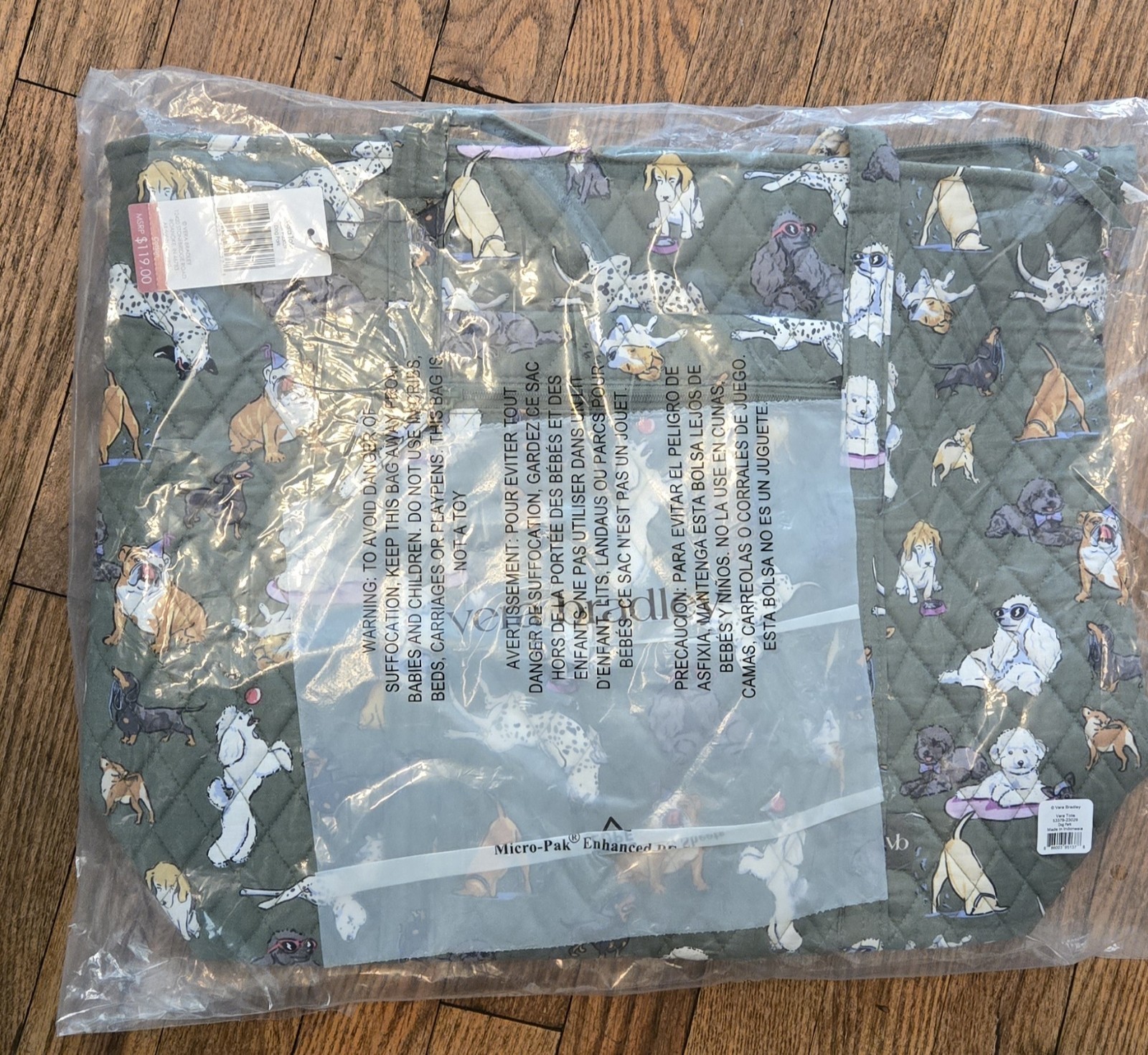 NWT Vera Bradley Grand Tote Bag DOG PARK Pattern Cotton Green Multi New in Bag