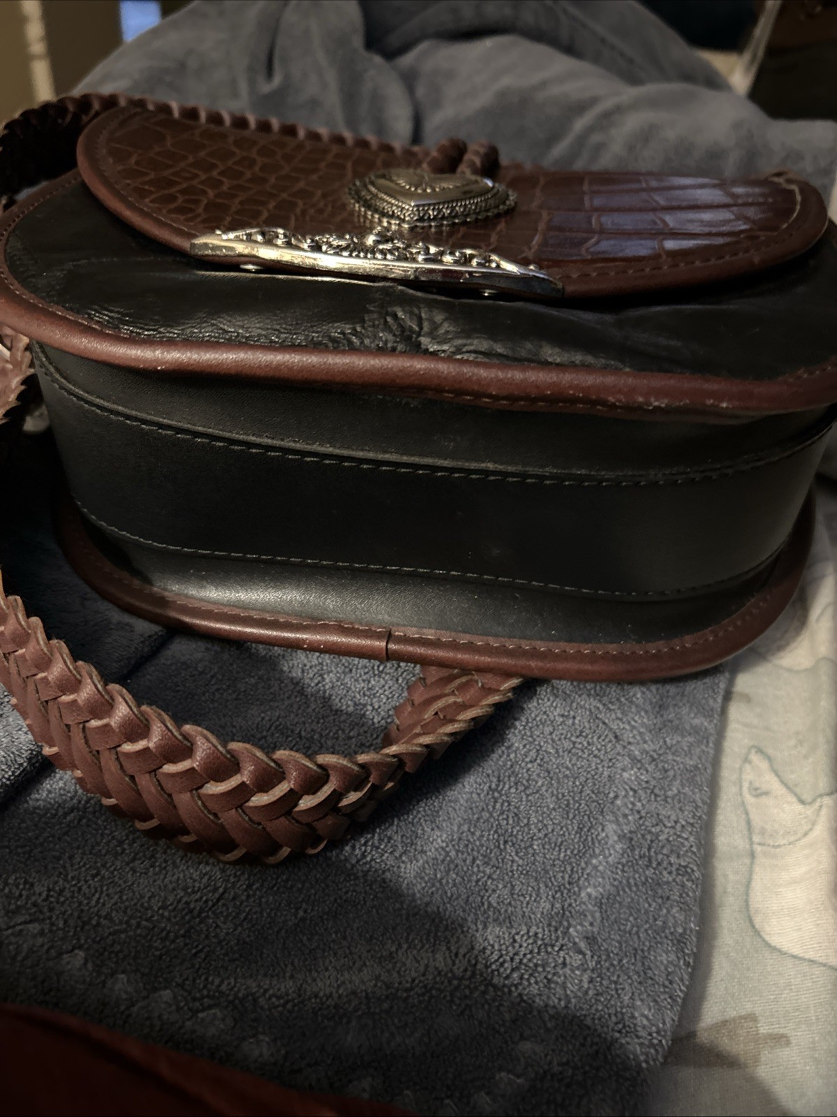 Western Leather Cross Body Wide Strap Purse Hearts And Angel Silver Tone 7.5”x9.