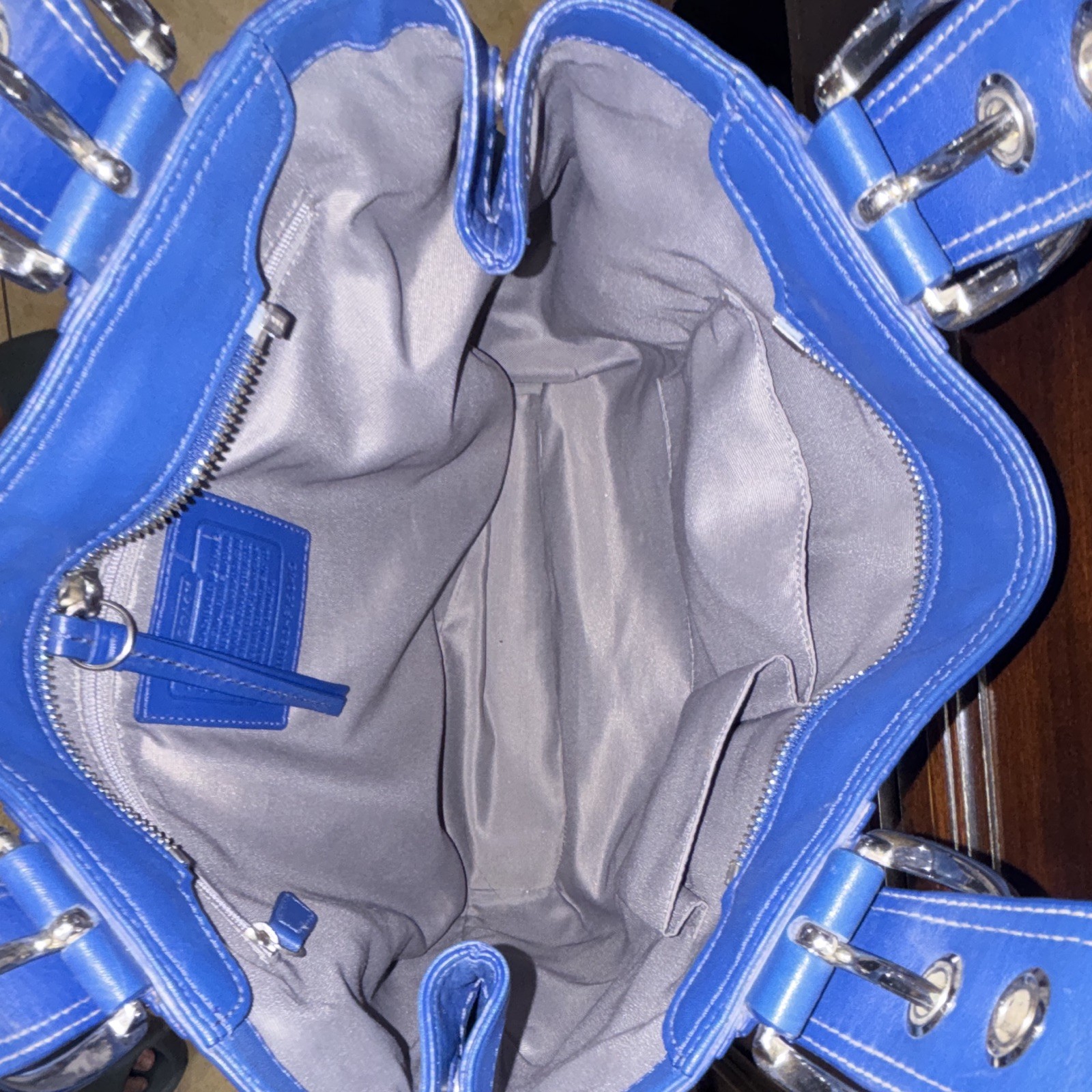Coach Blue Satchel Top Handle Bag Zip Closure Silver Hardware Buckle Studs