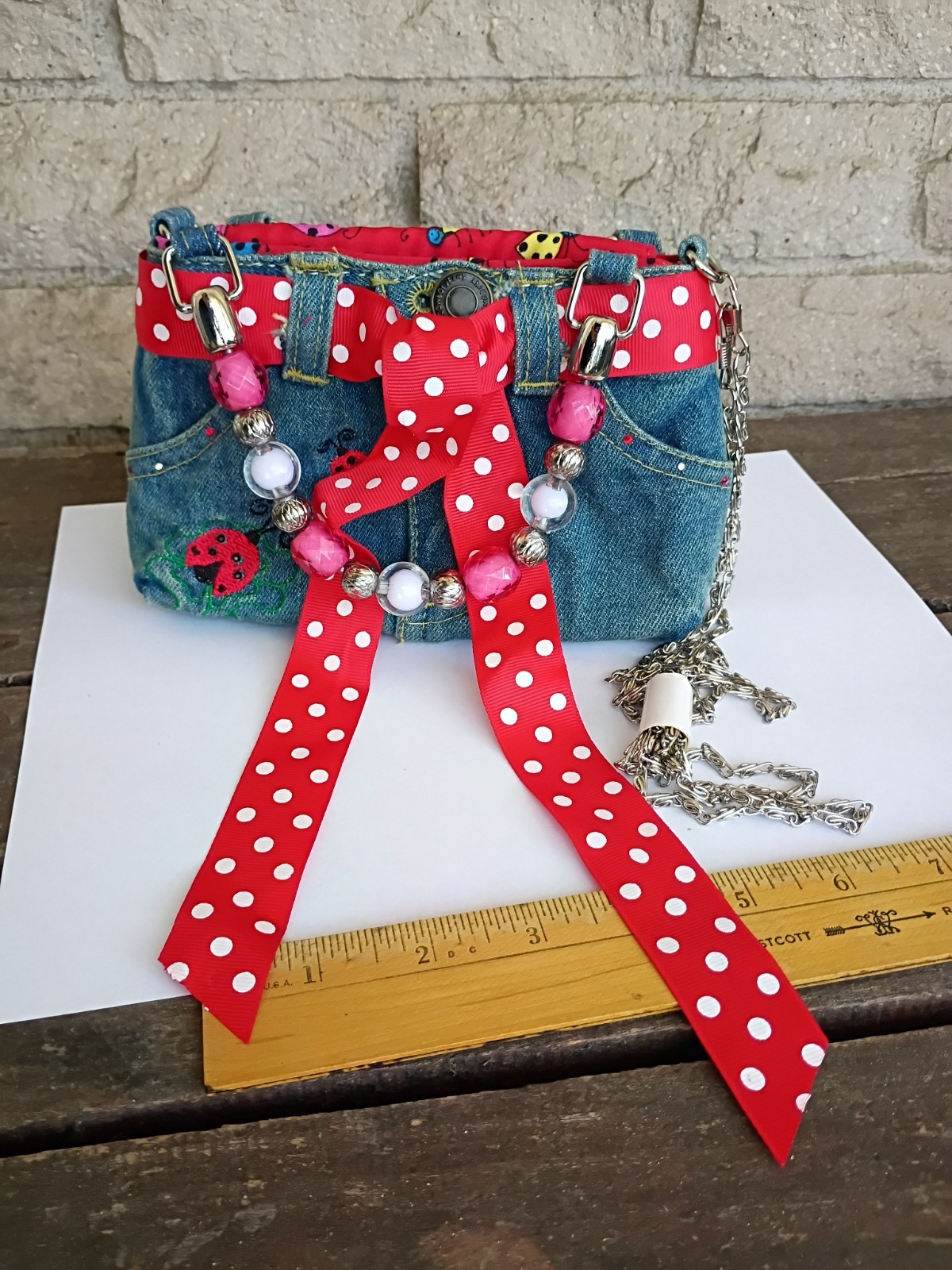Small, Blue Jean Embroidered Lady Bug with handles and long chain strap